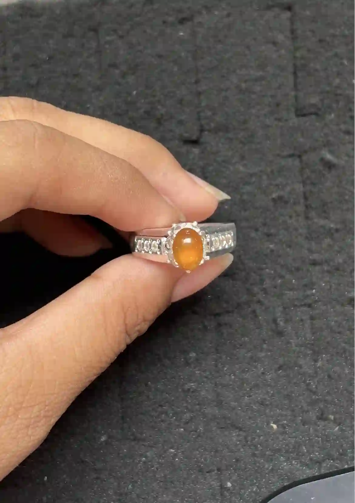 Vivid Orange Jadeite Solitaire Ring with Diamond Accent Setting | Myanmar Jadeite reference #3930003