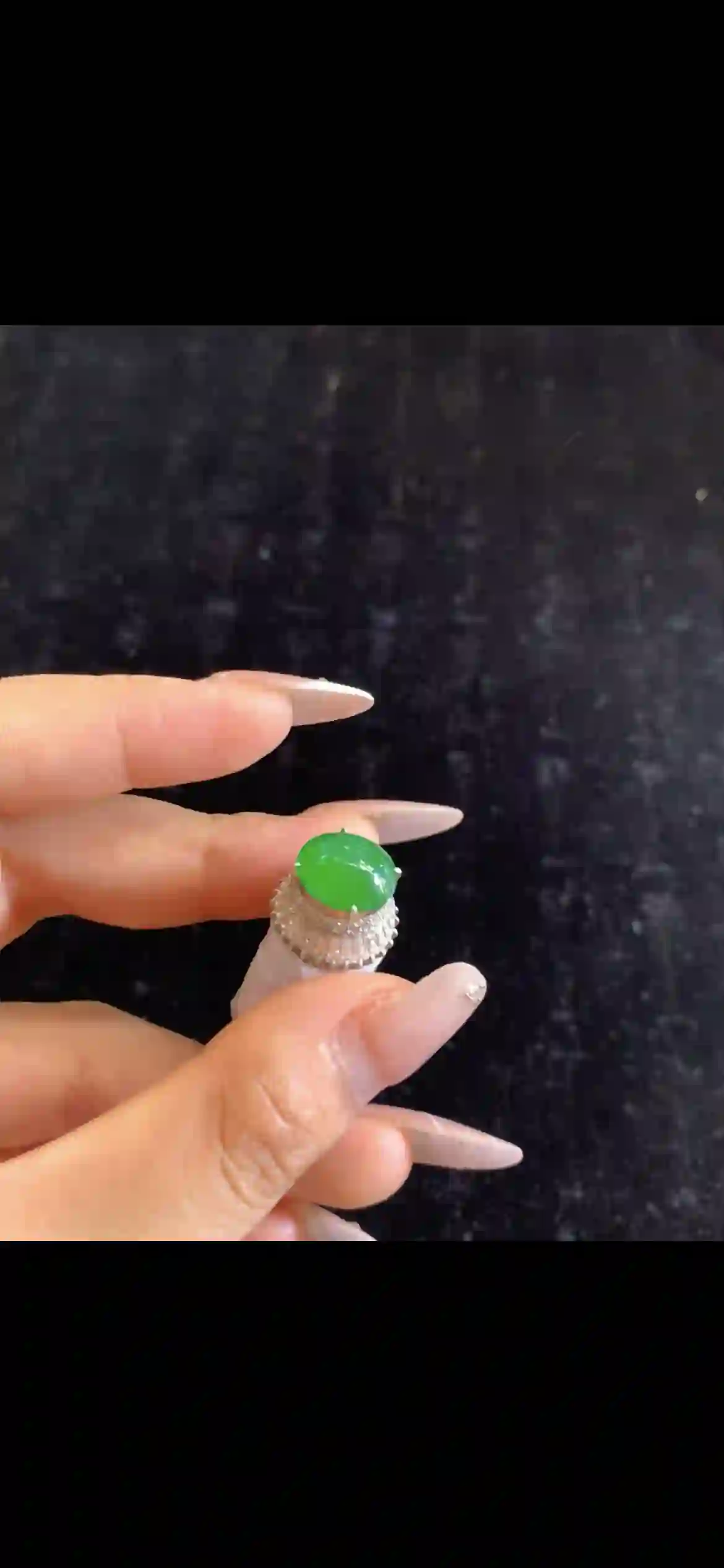 Vivid Imperial Green Jade Cabochon Ring with Diamond Halo | Myanmar Jadeite reference #28230001