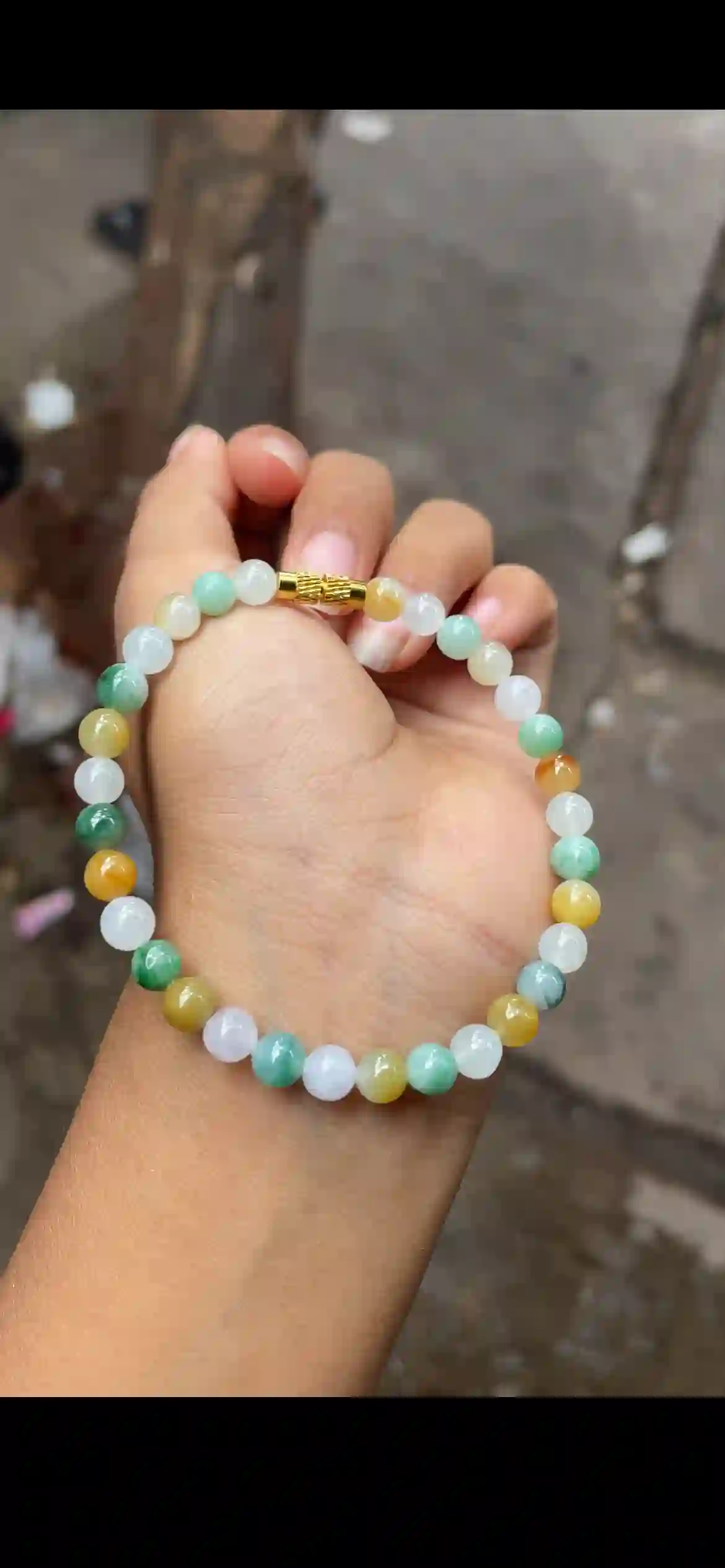 Tri‑Color Icy Jadeite Single‑Wrap Beaded Bracelet, view 2 | Myanmar Jadeite reference #12540001