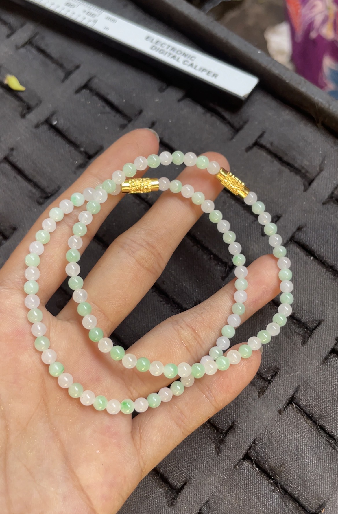   Natural Icy Green Jade Bead Bracelet with Gold Accents - Burmese Jadeite from Myanmar