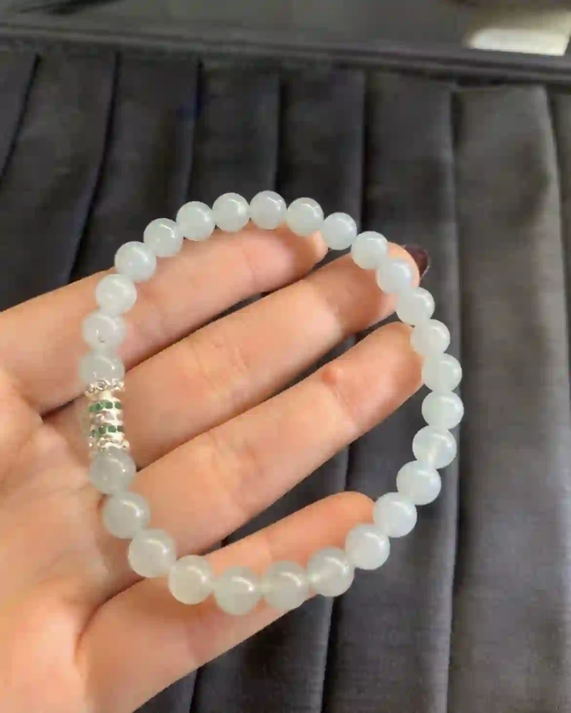   Icy Translucent White Jadeite Beaded Bracelet with Silver Plated Gemstone Accent, view 2 | Myanmar Jadeite reference #3330001