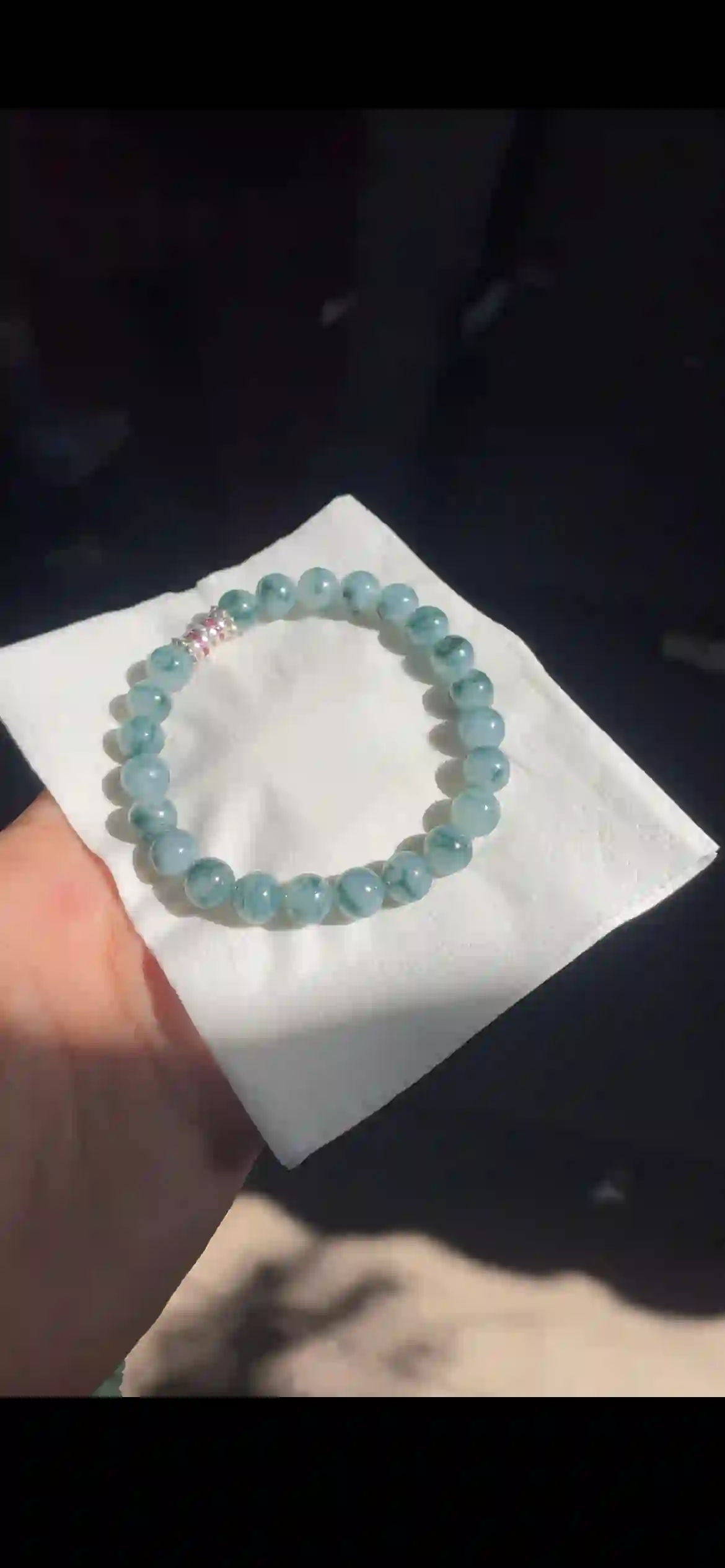 Icy Blue-Green Floating Flower Jade Bead Bracelet with Gemstone Spacer, view 2 | Myanmar Jadeite reference #19110001