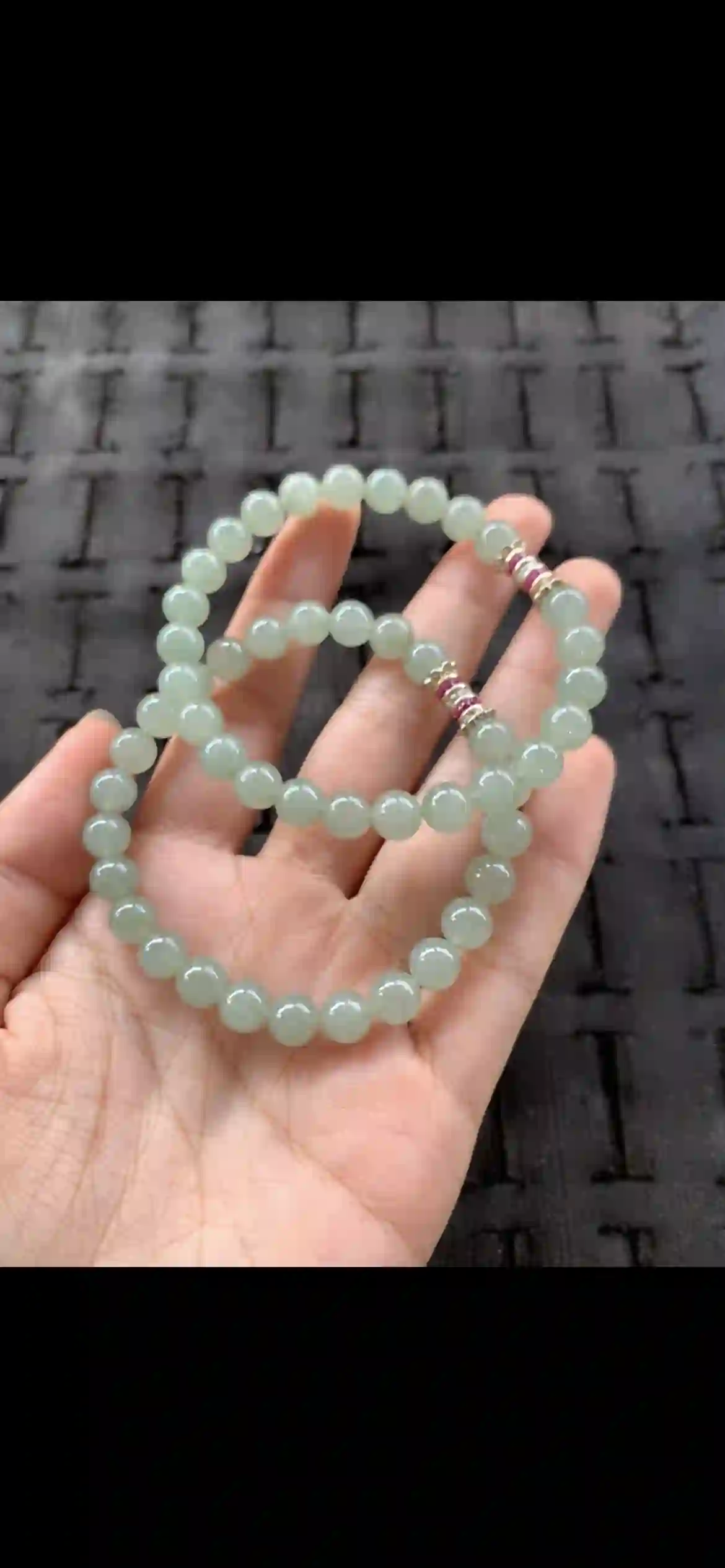 Pair of Uniform Soft Pale Green Jade Beaded Bracelets with Pink Gem Accents | Myanmar Jadeite reference #23370001