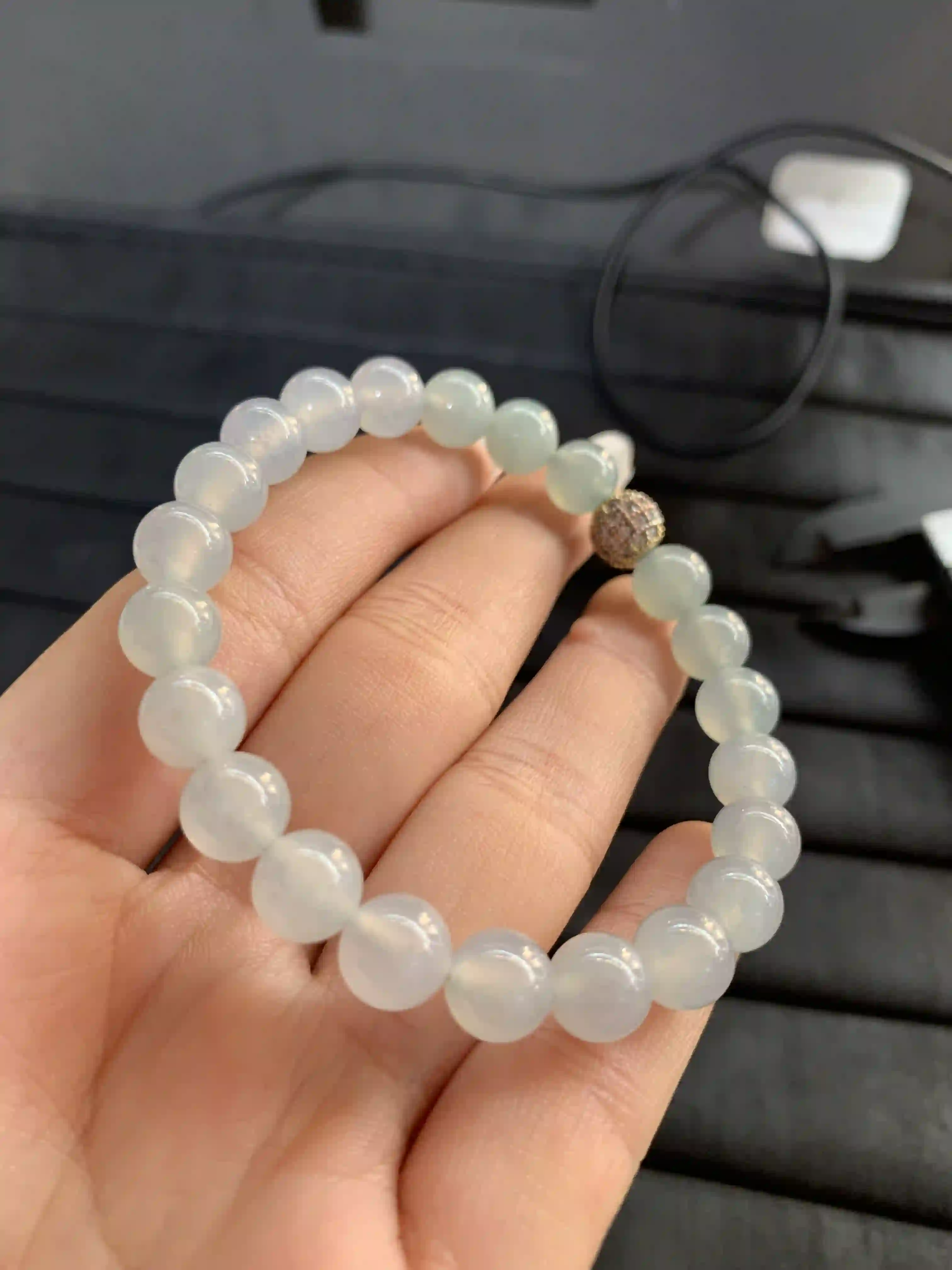 Translucent White Beaded Bracelet with Accent Bead | Myanmar Jadeite reference #1350009