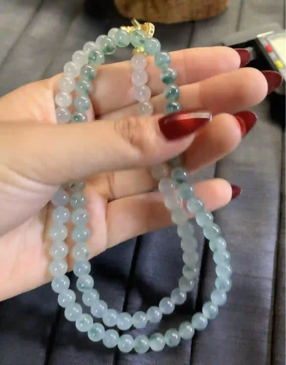 Icy Floating Green Pattern Jade Bead Necklace, view 2 | Myanmar Jadeite reference #2790002