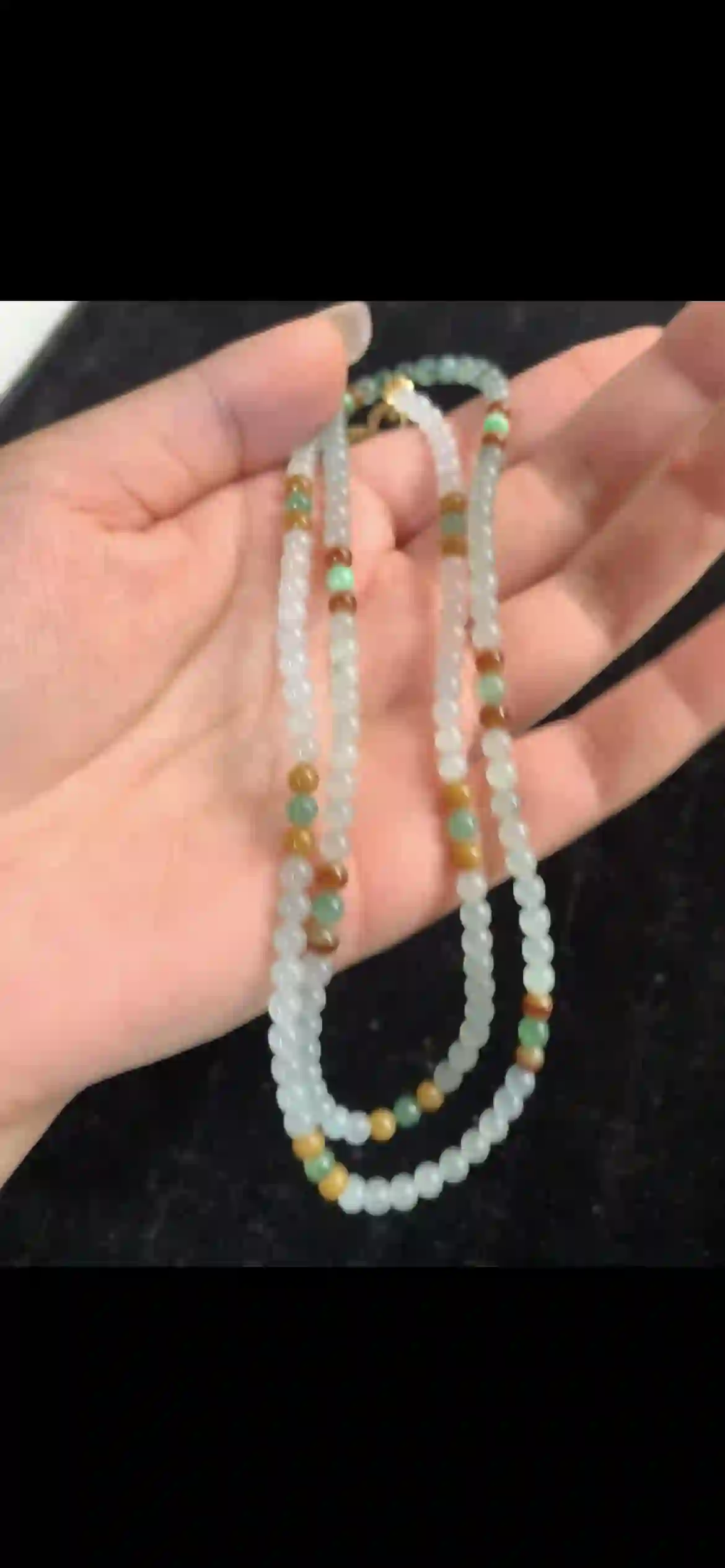 Tri-Color Jadeite Beaded Long Necklace — Icy White, Green & Golden Yellow | Myanmar Jadeite reference #30600001