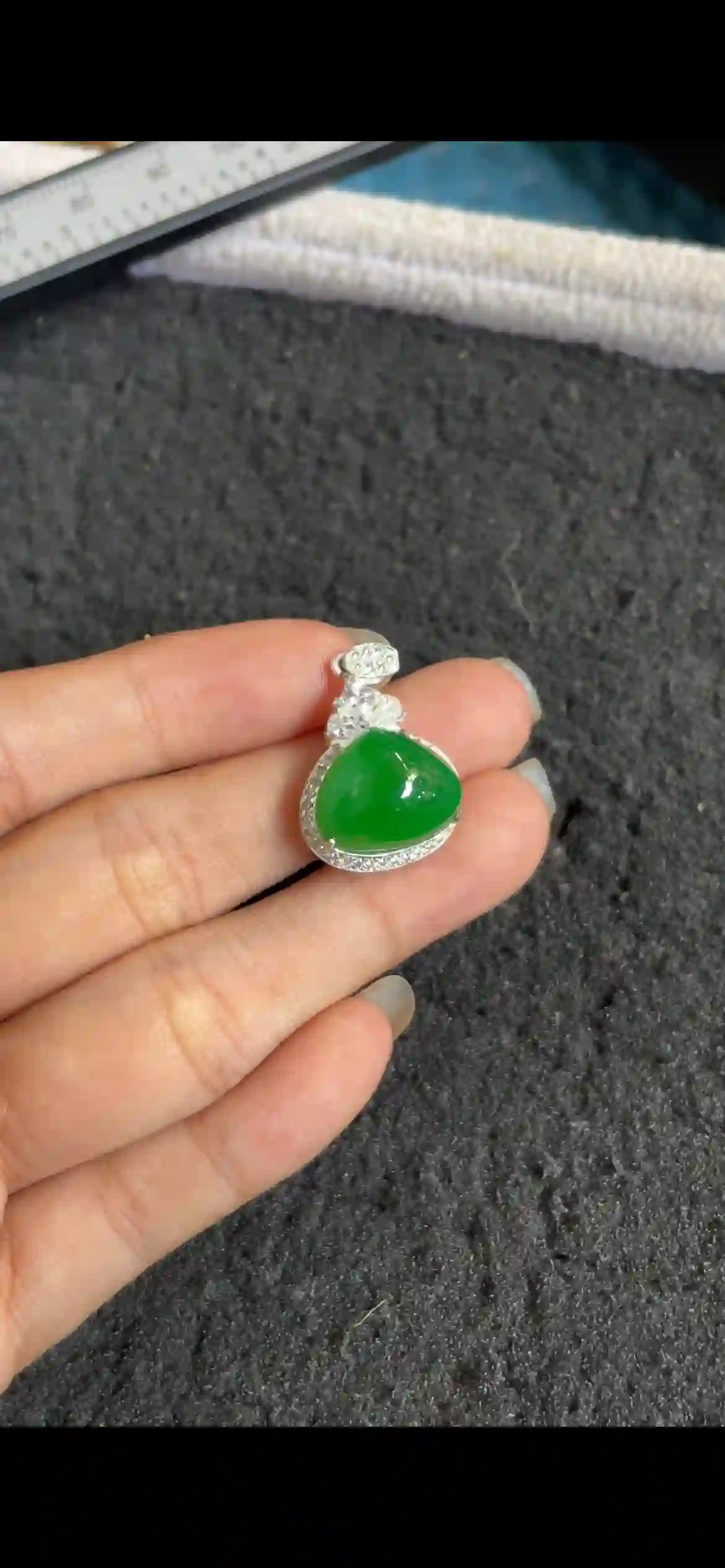  Vibrant Green Jade Teardrop Pendant with Diamond Accents, view 2 | Myanmar Jadeite reference #5790003