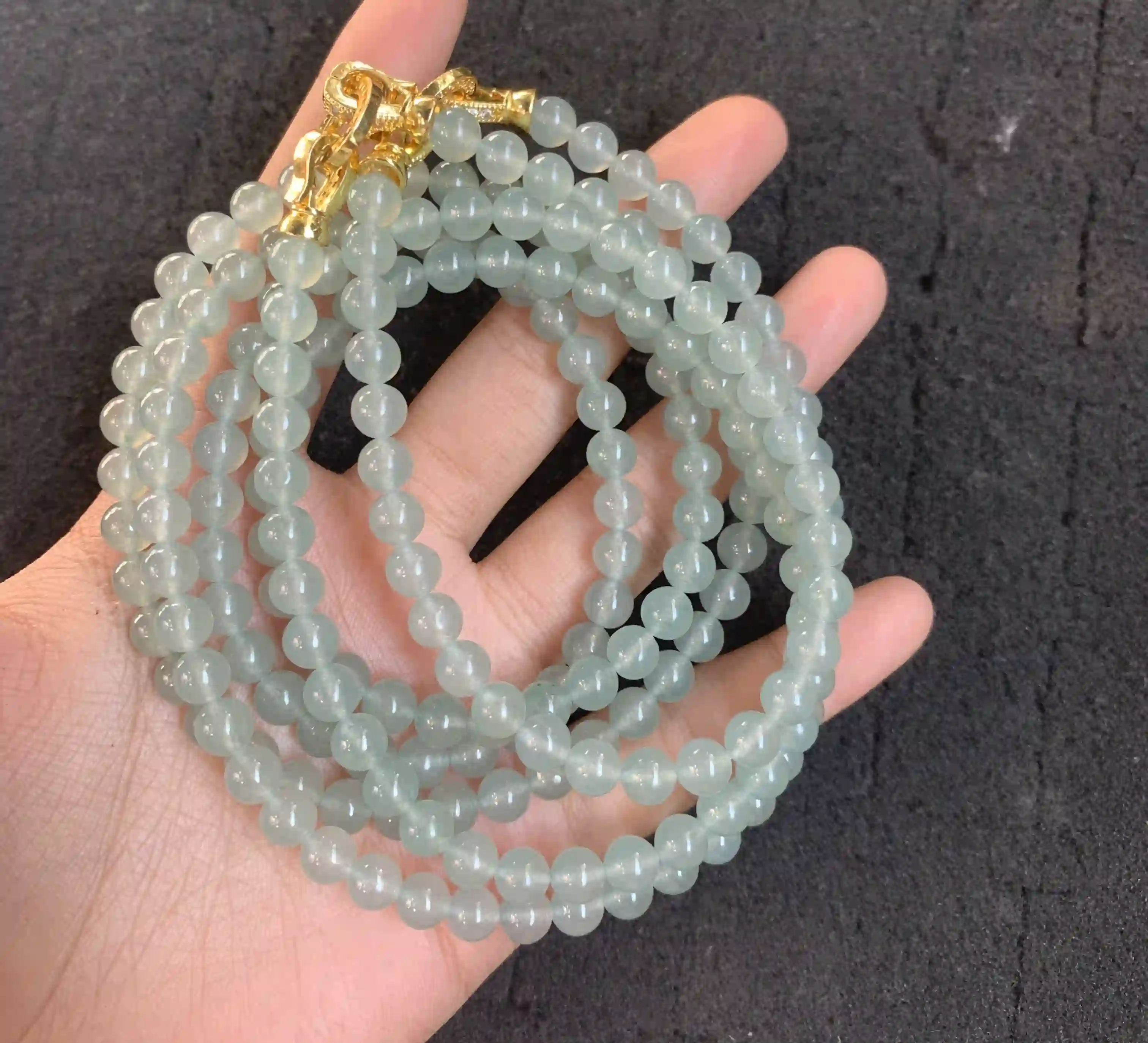 Light Green Beaded Multi-Strand Necklace with Gold Clasp, view 2 | Myanmar Jadeite reference #360002