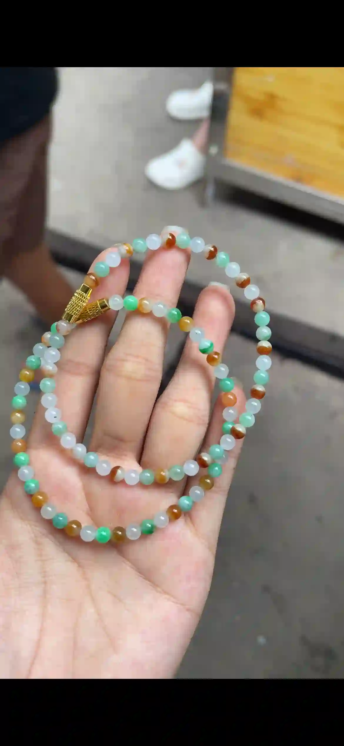 Multi‑Color Icy Jadeite Delicate Bead Strand with Gold Clasp | Myanmar Jadeite reference #9690001