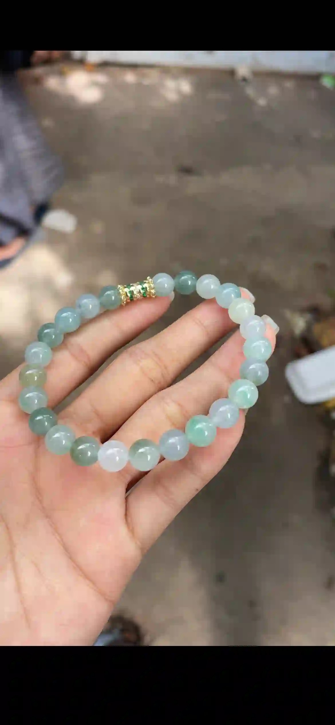 Icy Floating Green Jadeite Beaded Bracelet with Gold Accent | Myanmar Jadeite reference #11880001