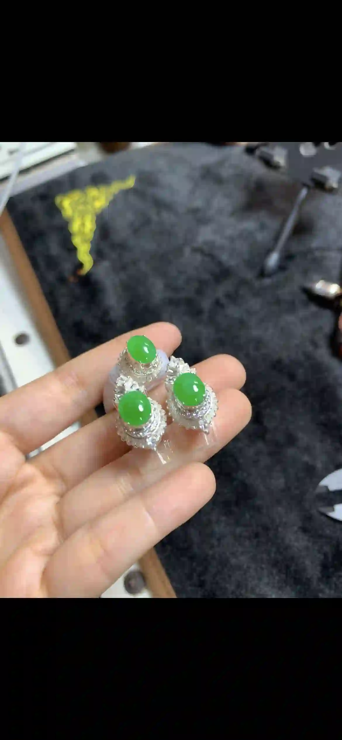 Vivid Imperial Green Jadeite Tiered Halo Earrings, view 2 | Myanmar Jadeite reference #16410001