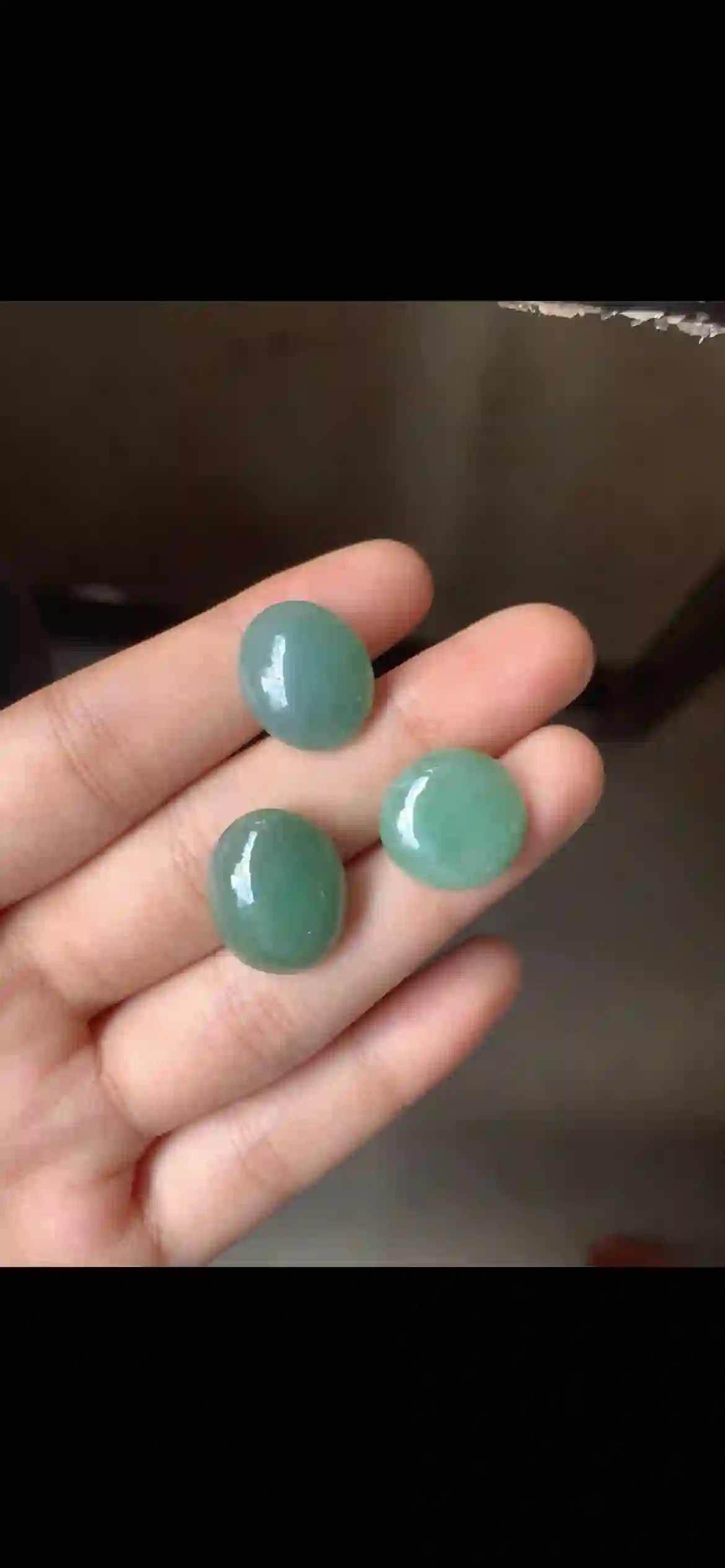 Three Fine Muted Blue-Green Jade Cabochons — Oval & Round Domed Gems | Myanmar Jadeite reference #34230001