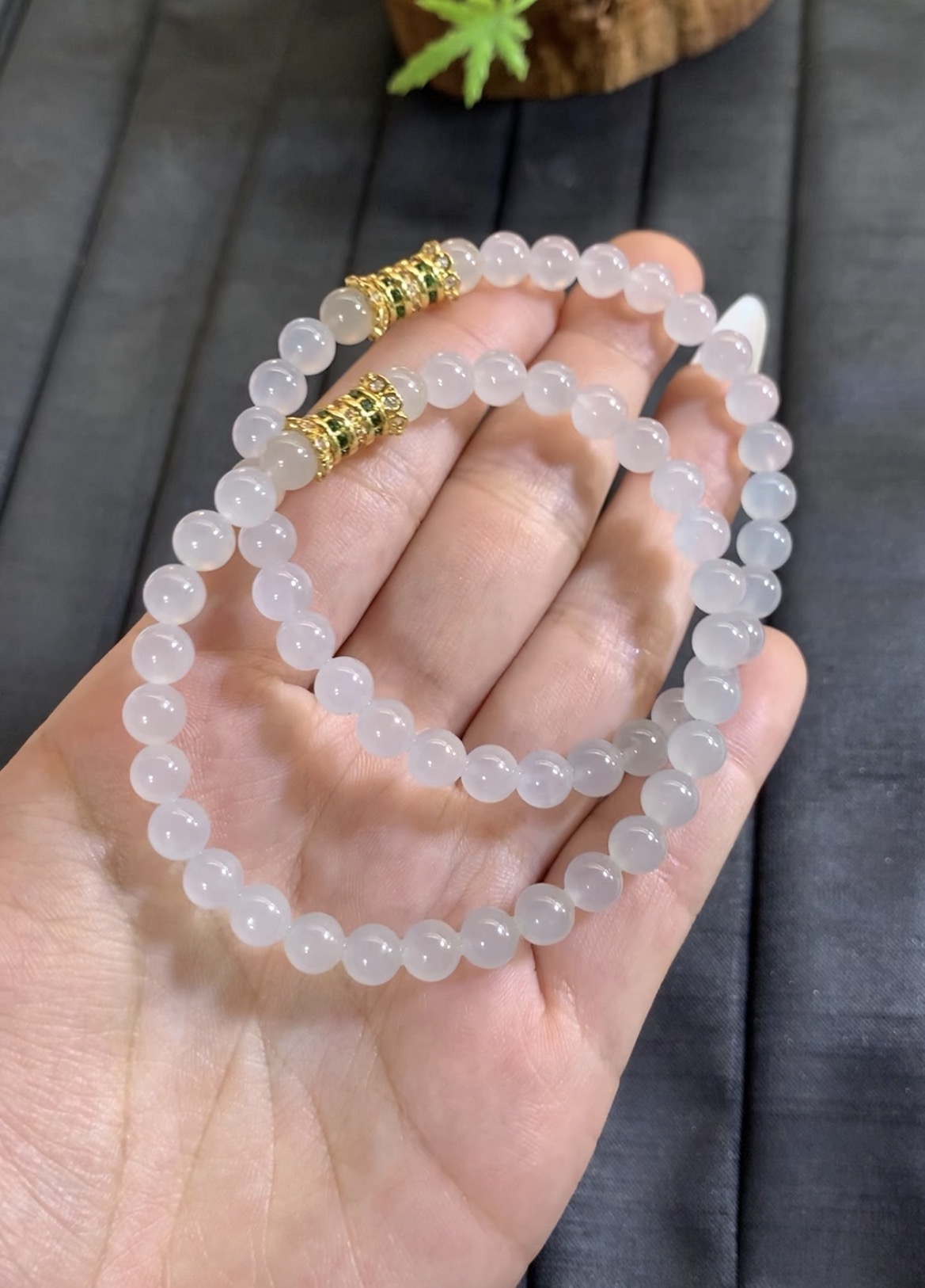 Natural Icy White Jade Beaded Bracelet - Burmese Jadeite from Myanmar