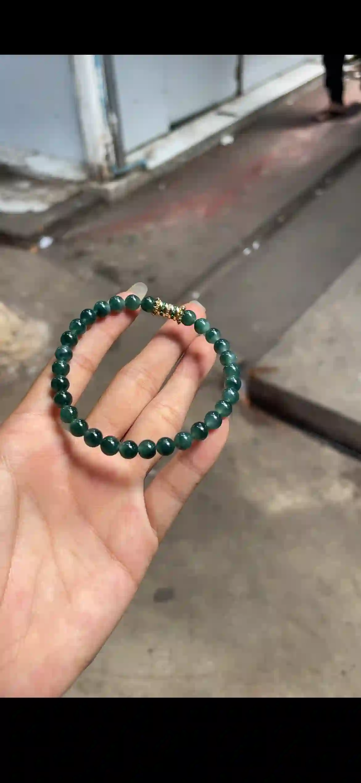 Deep Green Natural Jadeite Bead Bracelet with Decorative Accent, view 2 | Myanmar Jadeite reference #26820001