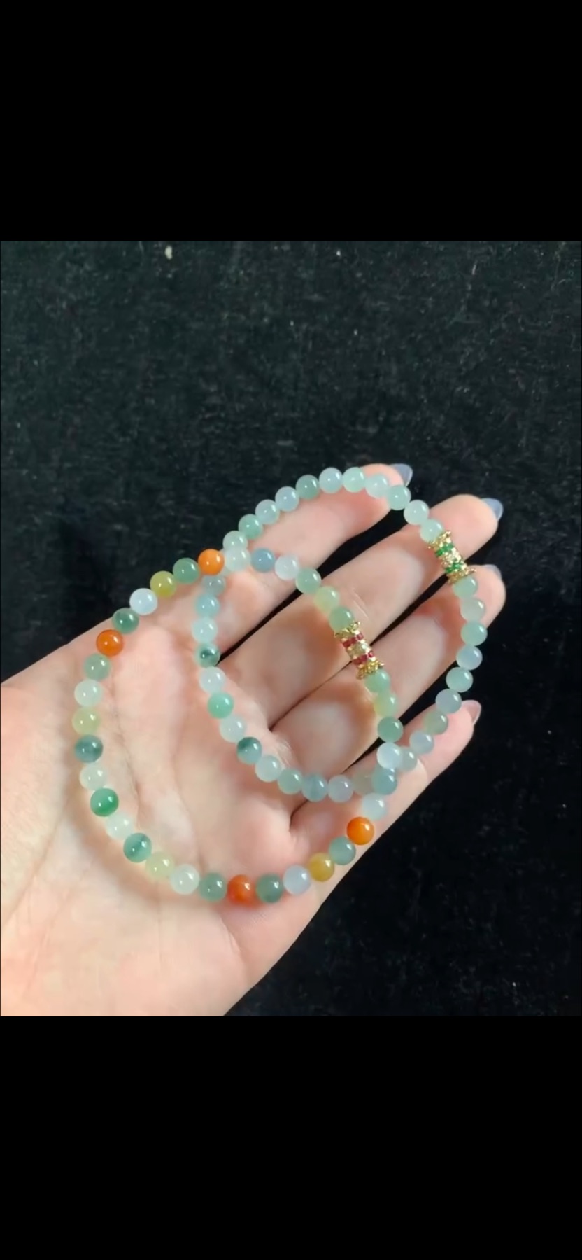 Natural Ice Variety Light Green & Multicolor Jadeite Small Bead Bracelet Pair with Gold & Gemstone Accents | Myanmar Jadeite reference #38250001