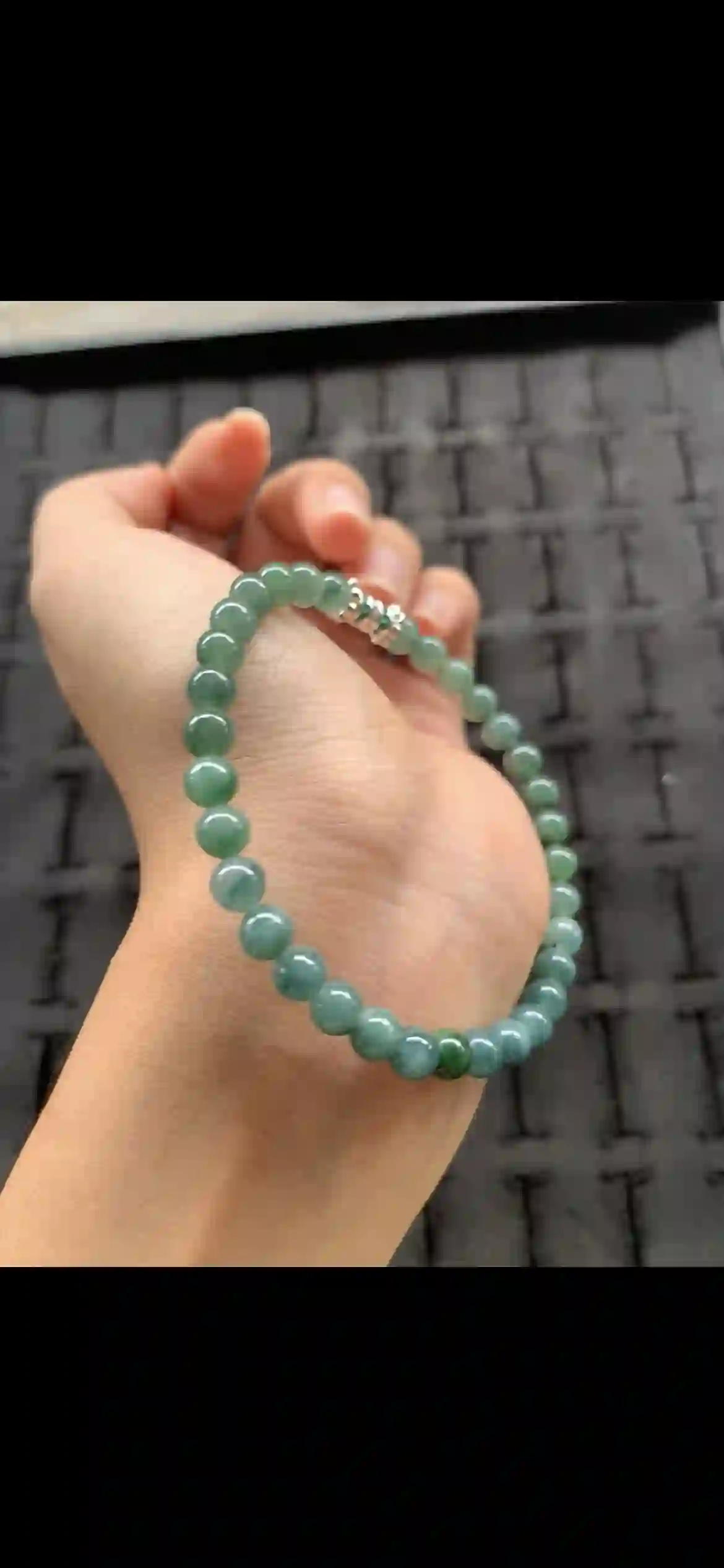  Deep Icy Green Jadeite Beaded Bracelet with Decorative Accent | Myanmar Jadeite reference #24270001