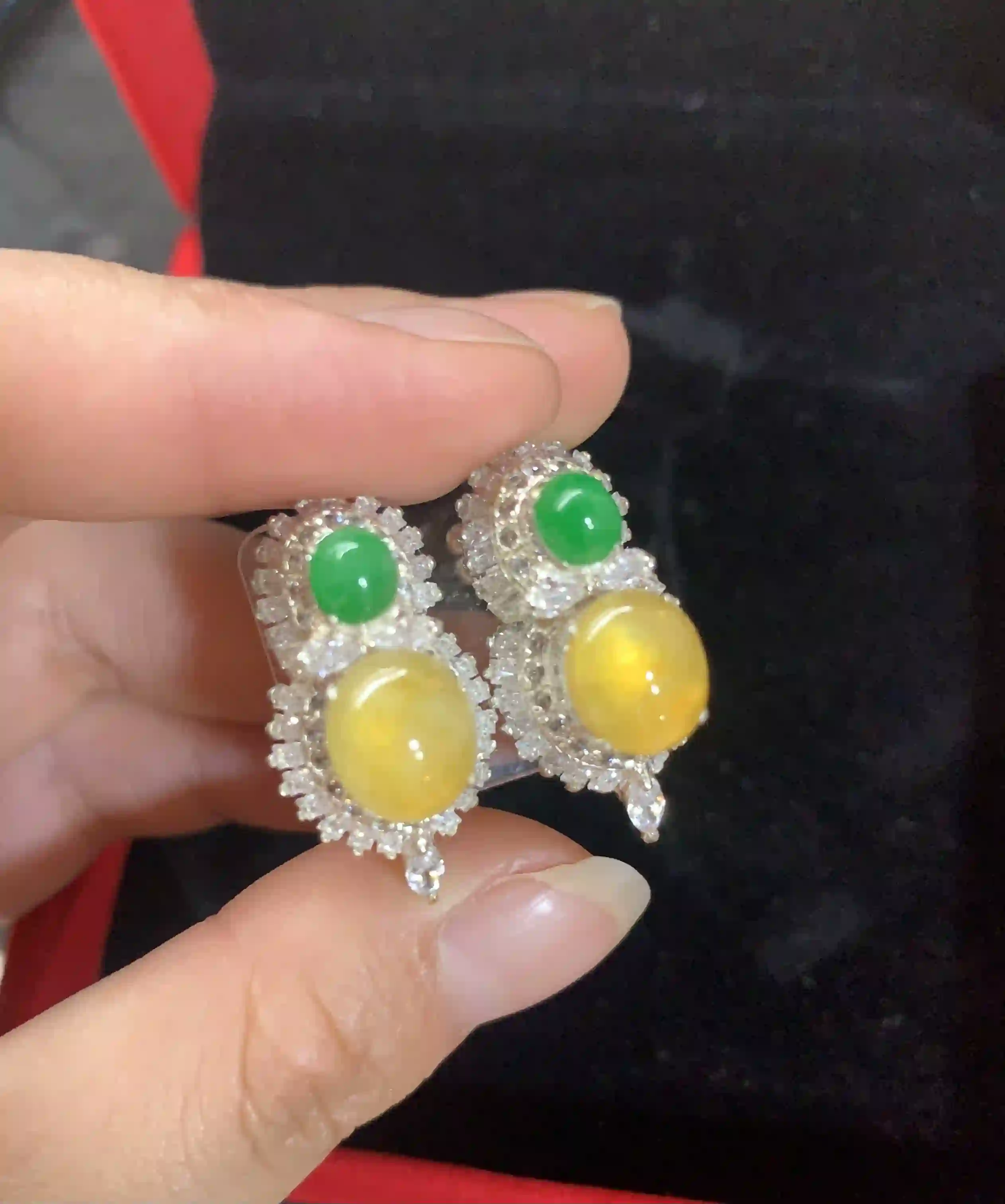 Pair of Yellow and Green Jadeite Earrings with Diamond-like Halo | Myanmar Jadeite reference #240003