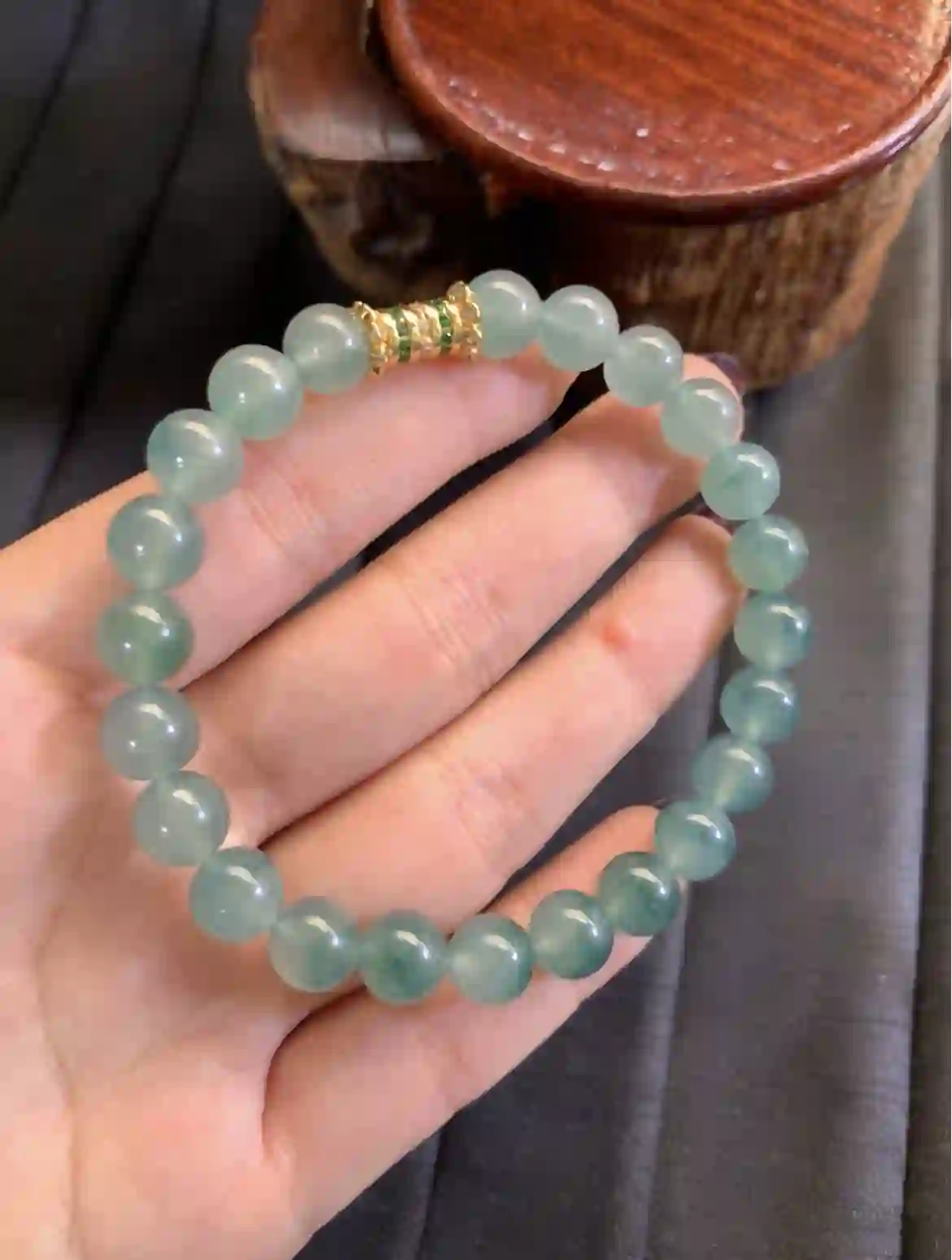 Icy Blue-Green Floating Flower Jade Bead Bracelet with Gold Spacer, view 2 | Myanmar Jadeite reference #2910001