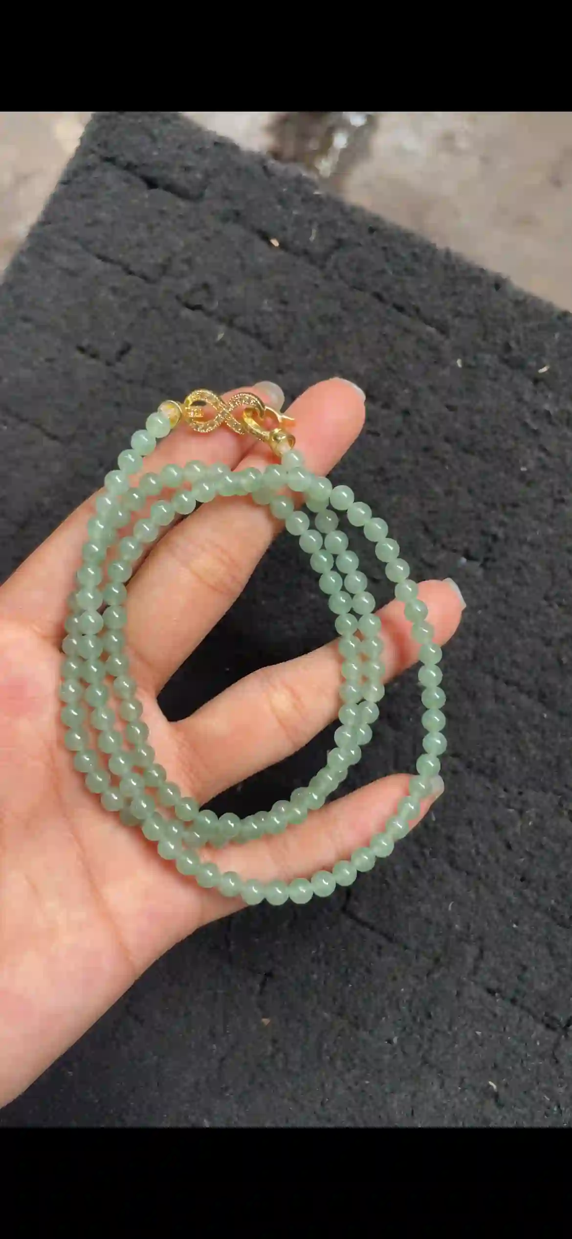 Soft Green Translucent Jadeite Beaded Bracelet with Gold Infinity Clasp, view 2 | Myanmar Jadeite reference #4440001