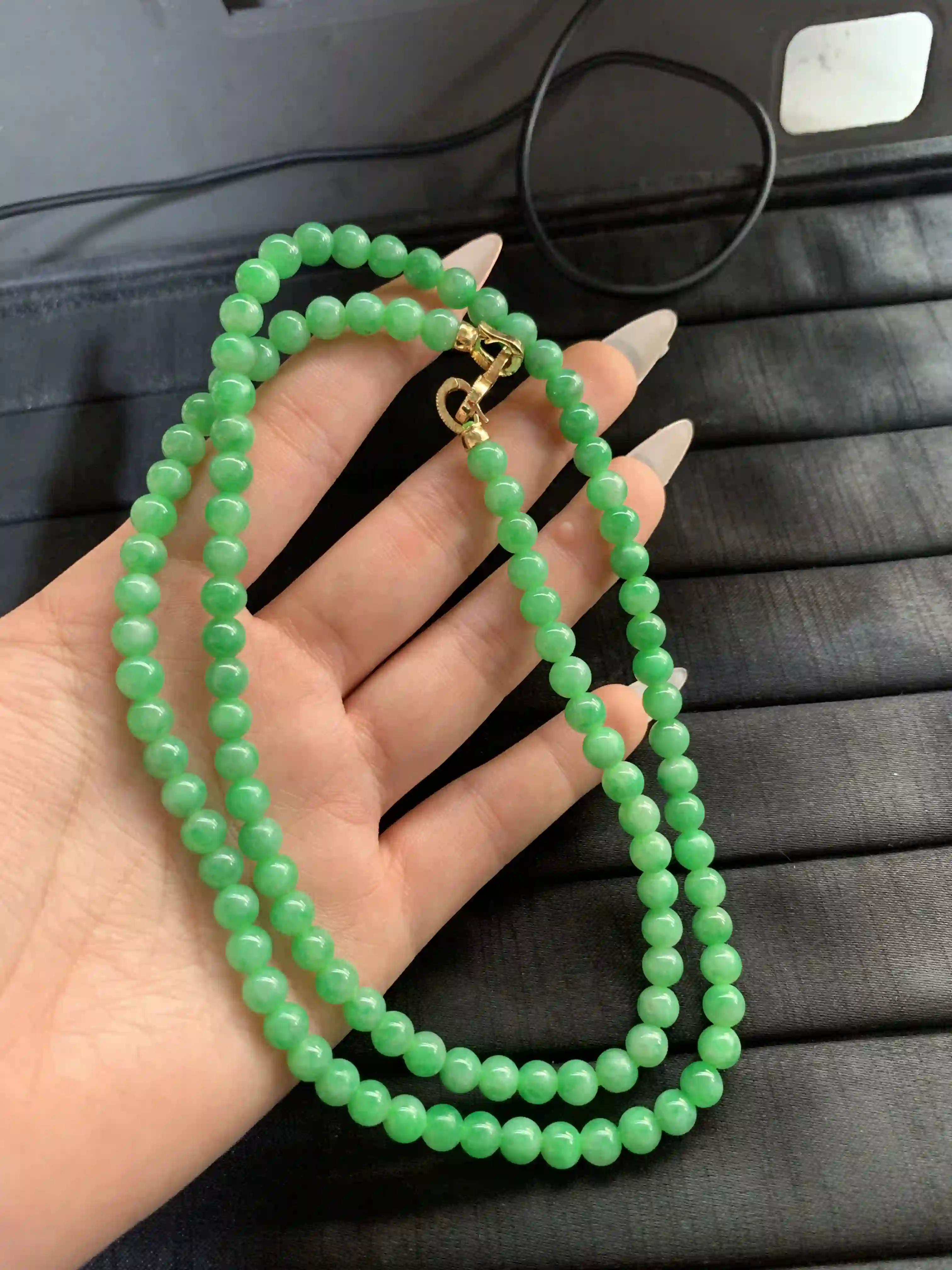 Vibrant Green Multi-Strand Beaded Necklace with Gold Clasp | Myanmar Jadeite reference #1350003