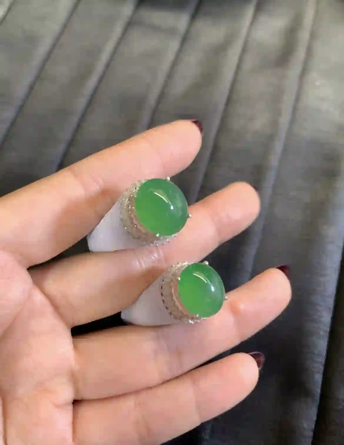 Rich Emerald Green Jade Cabochon Ring Pair | Myanmar Jadeite reference #2820002