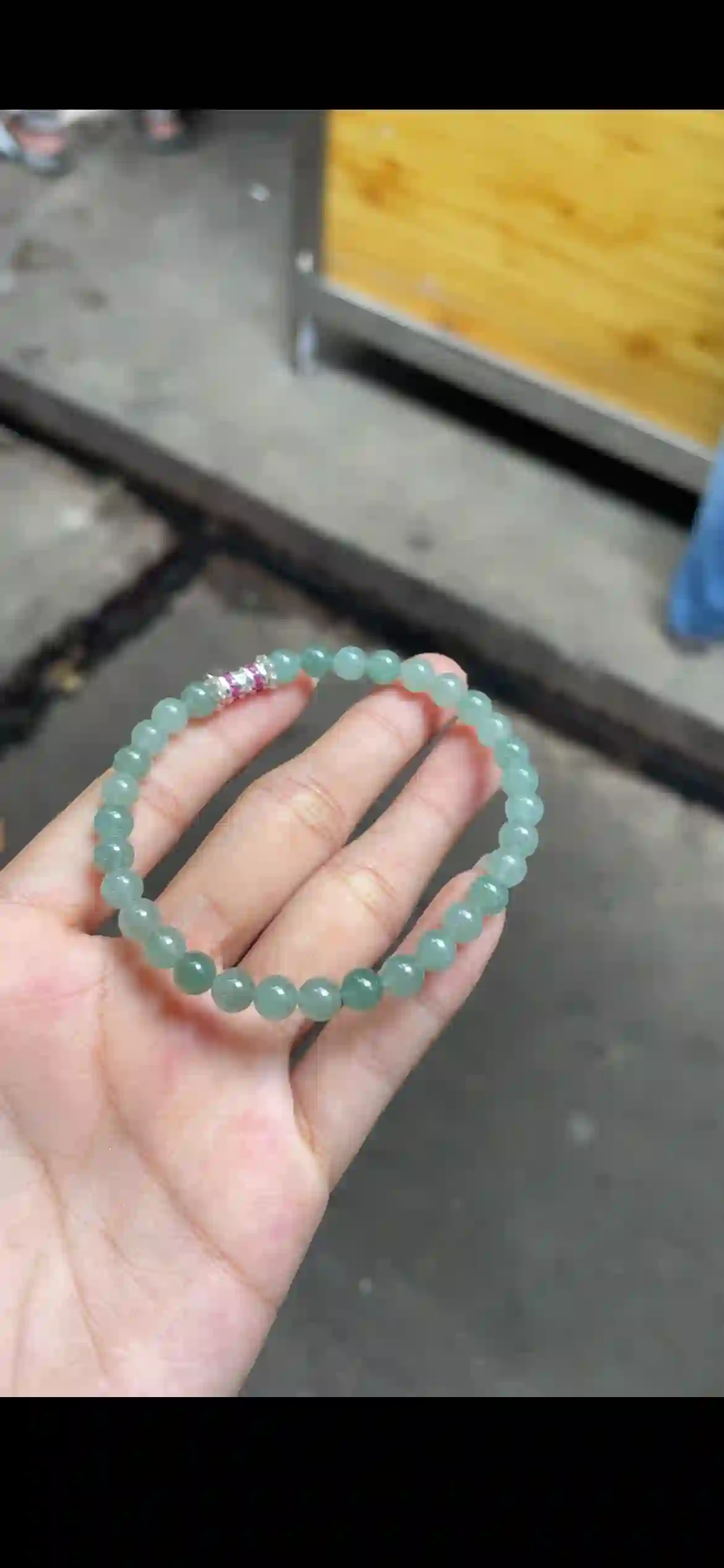 Icy Light Green Jadeite Beaded Bracelet with Crystal Accent, view 2 | Myanmar Jadeite reference #12090001