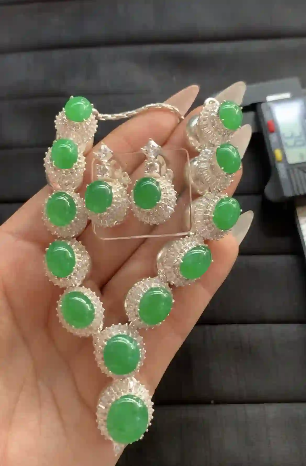  Luxurious Vivid Green Gemstone Jewelry Set - Necklace and Earrings, view 2 | Myanmar Jadeite reference #1320009