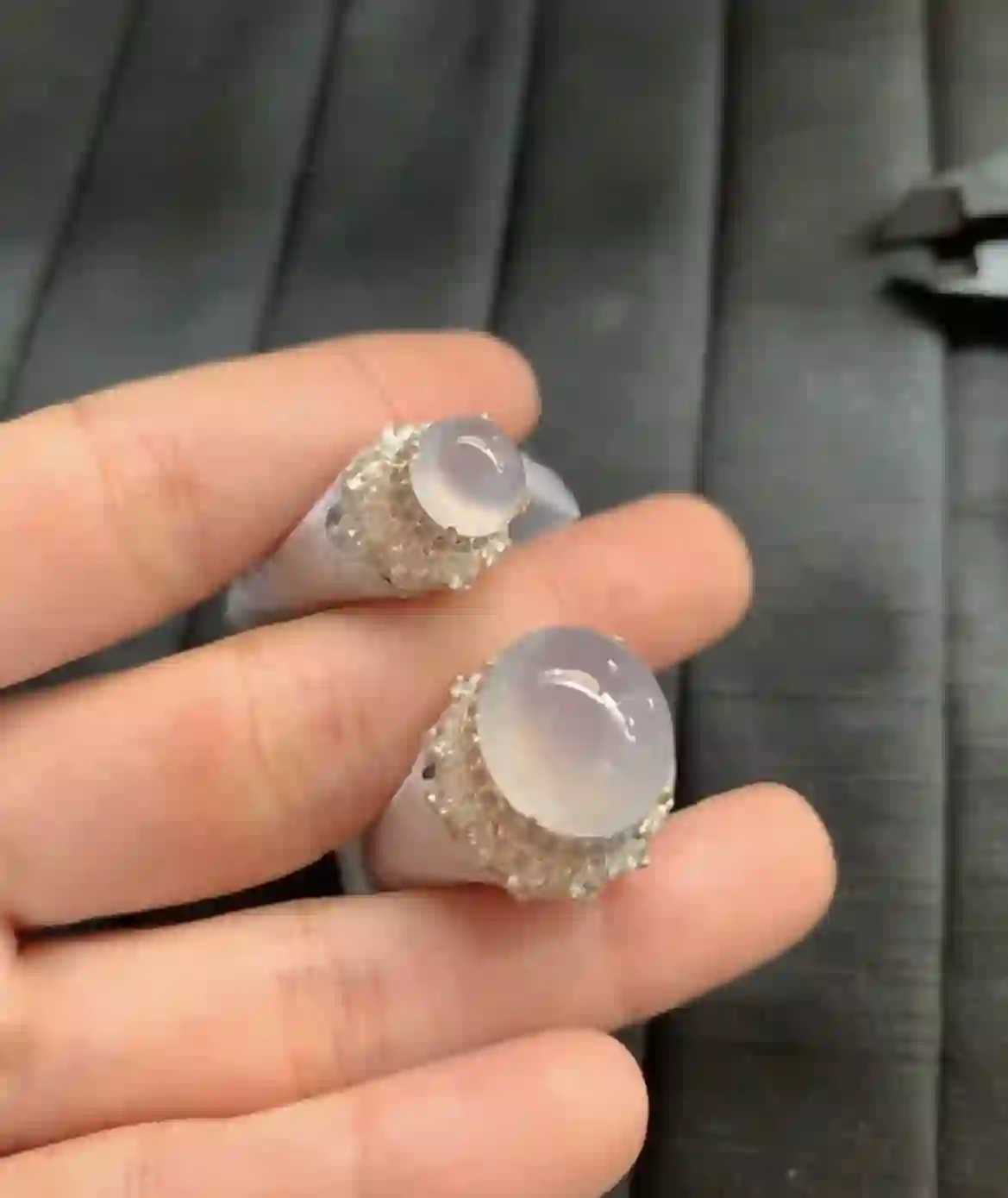   Natural Icy Lavender Jade Earrings with Diamond Halo, view 2 | Myanmar Jadeite reference #2490006