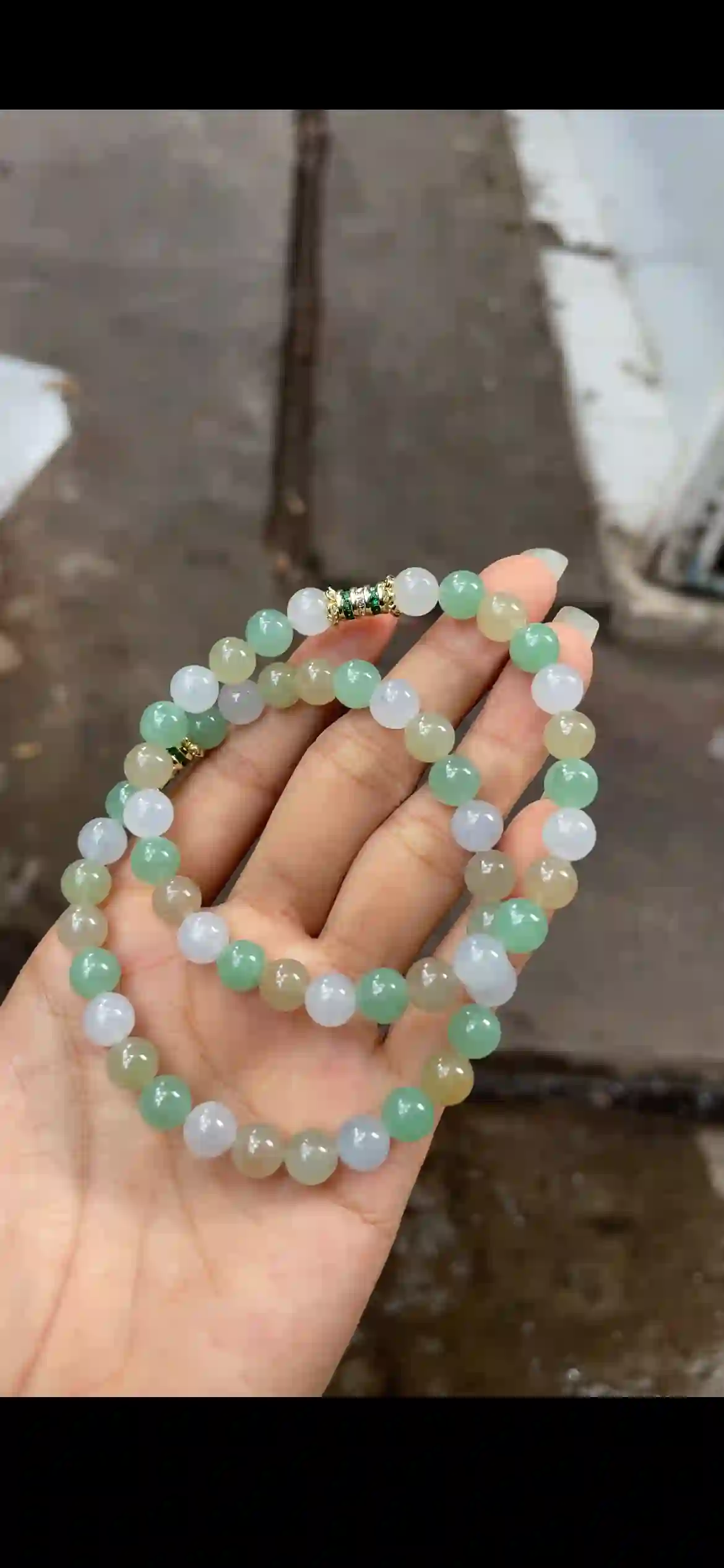 Tri‑Tone Green, Honey‑Yellow & Icy White Jade Double‑Strand Bracelet, view 2 | Myanmar Jadeite reference #14400001