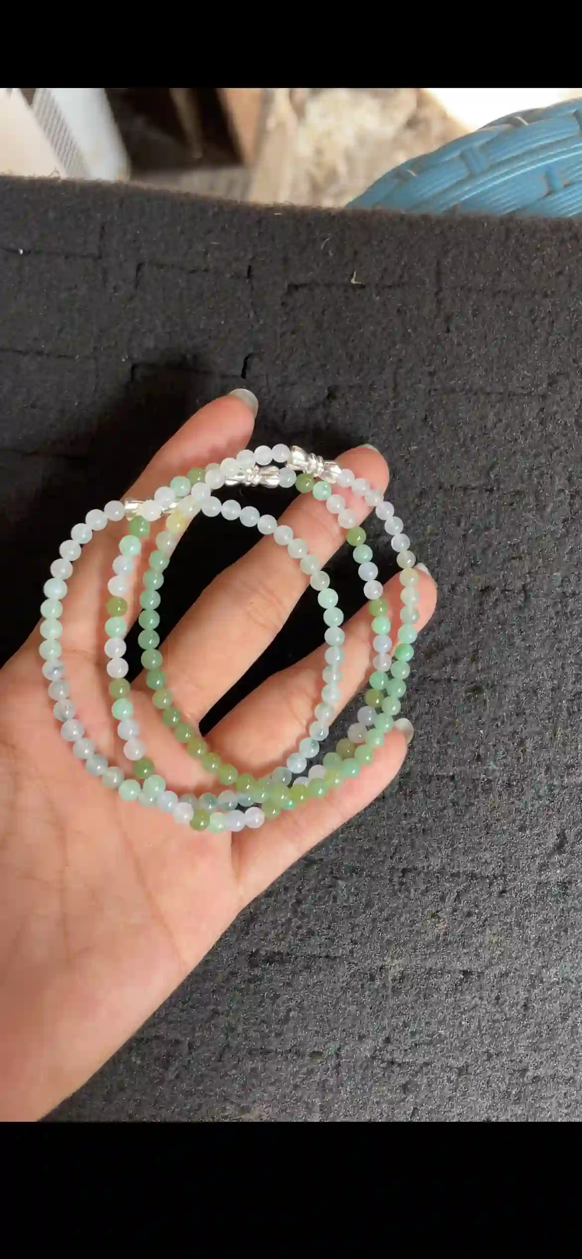   Icy Gradient Green Jadeite Multi-Layer Beaded Bracelet with Silver Clasp, view 2 | Myanmar Jadeite reference #3900004