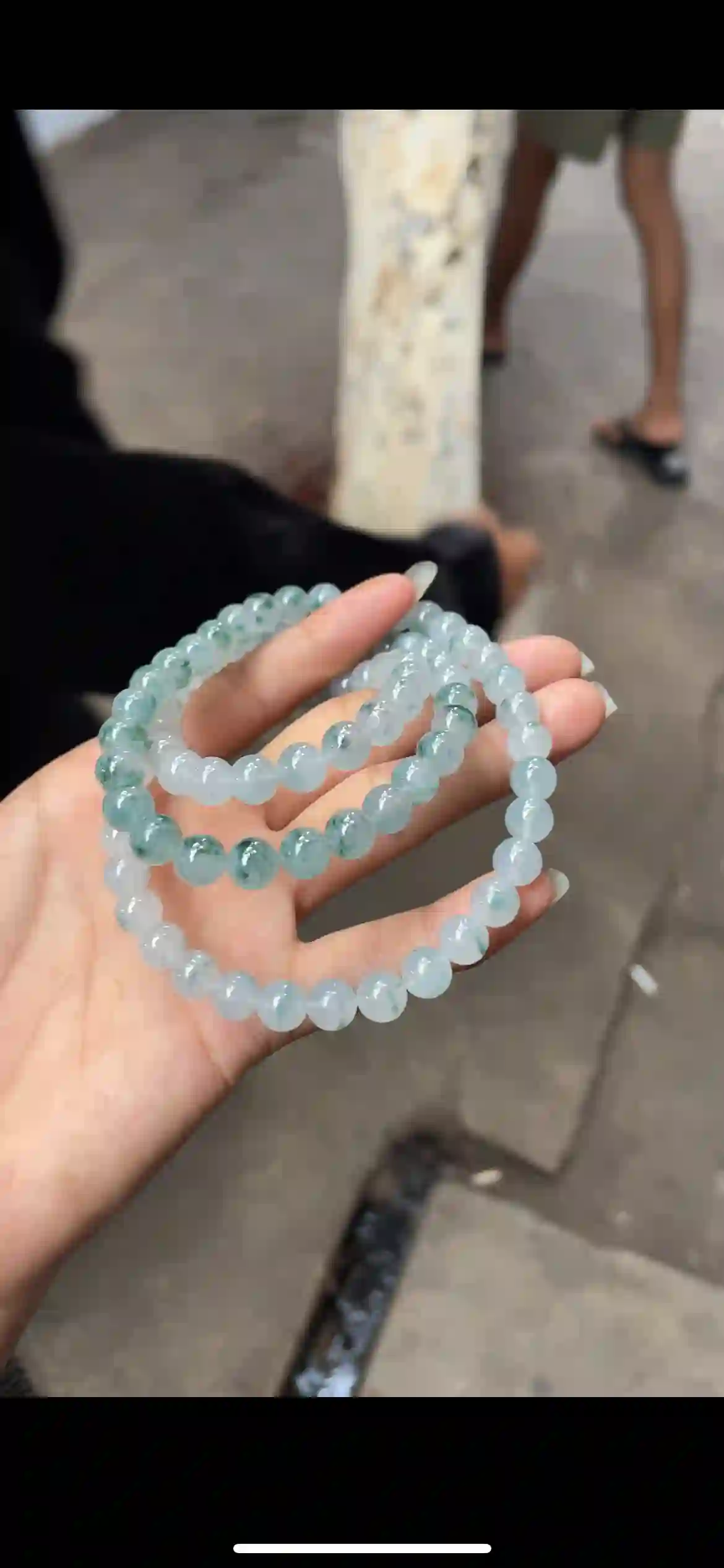 Icy Pale Jade Bead Necklace with Floating Green Patterns, view 2 | Myanmar Jadeite reference #25470002