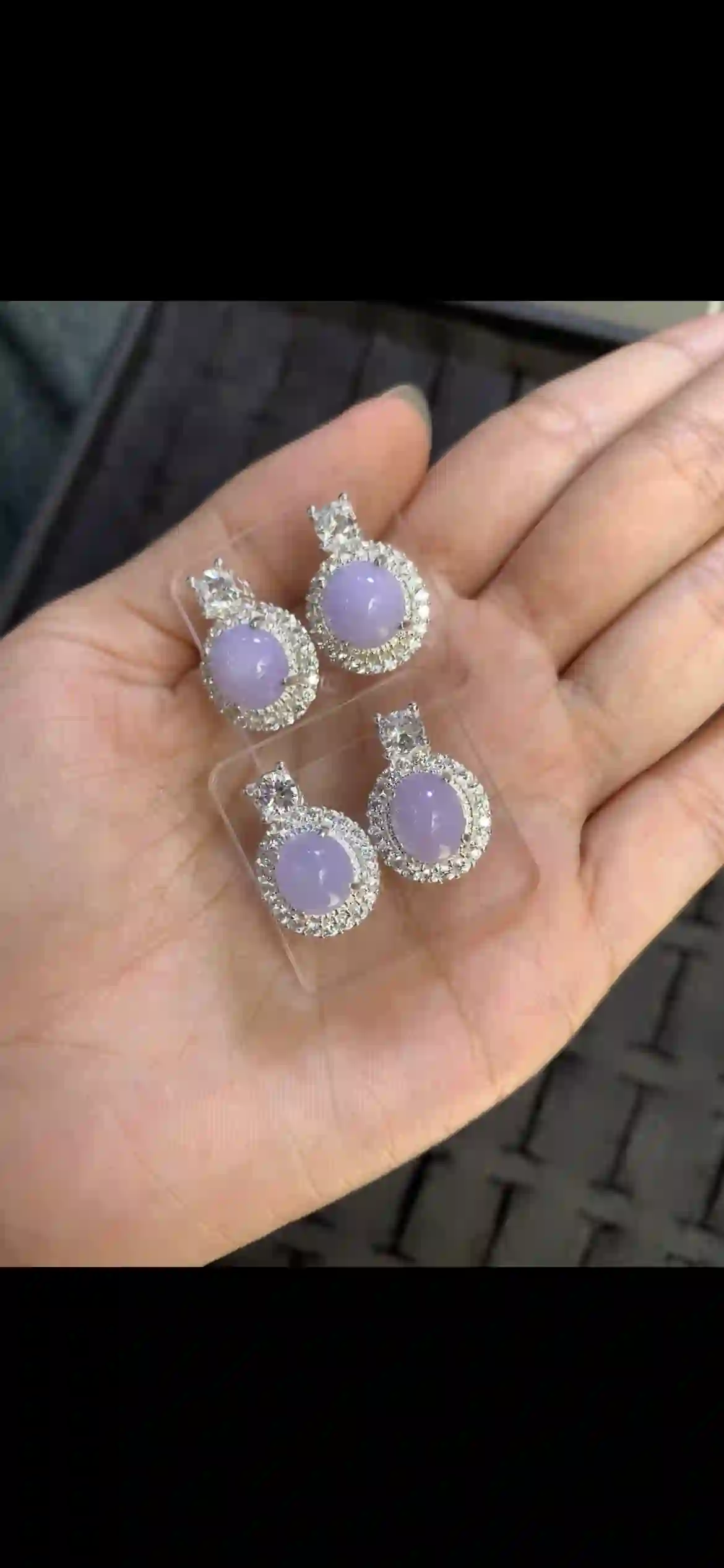 Natural Lavender Jade Halo Stud Earrings, view 2 | Myanmar Jadeite reference #14490001