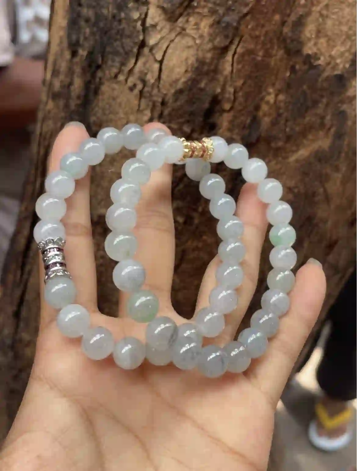   Icy Translucent White Jadeite Double Strand Bracelet with Gold & Silver Plated Accents | Myanmar Jadeite reference #3300003