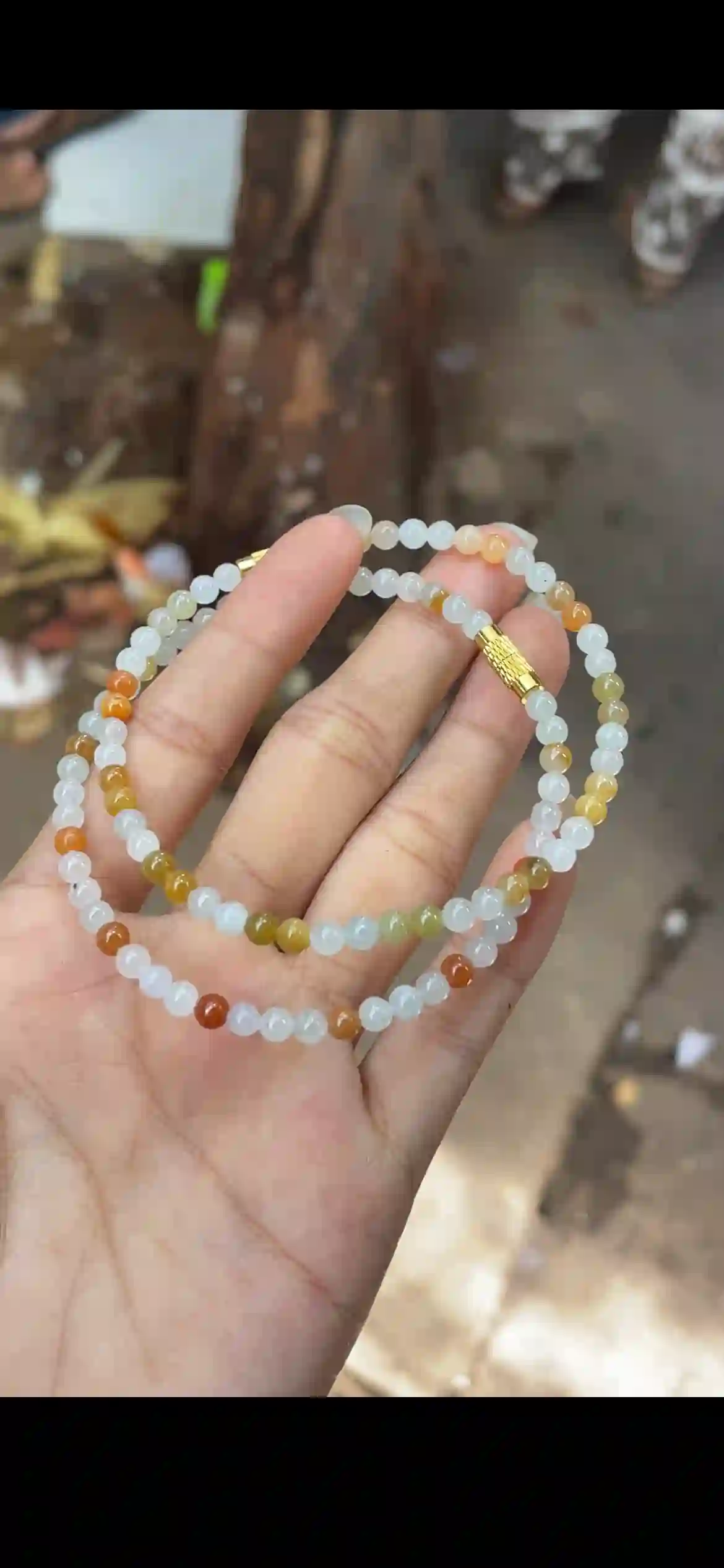 Tri‑Tone White‑Honey‑Orange Jade Double‑Strand Bracelet, view 2 | Myanmar Jadeite reference #14610001