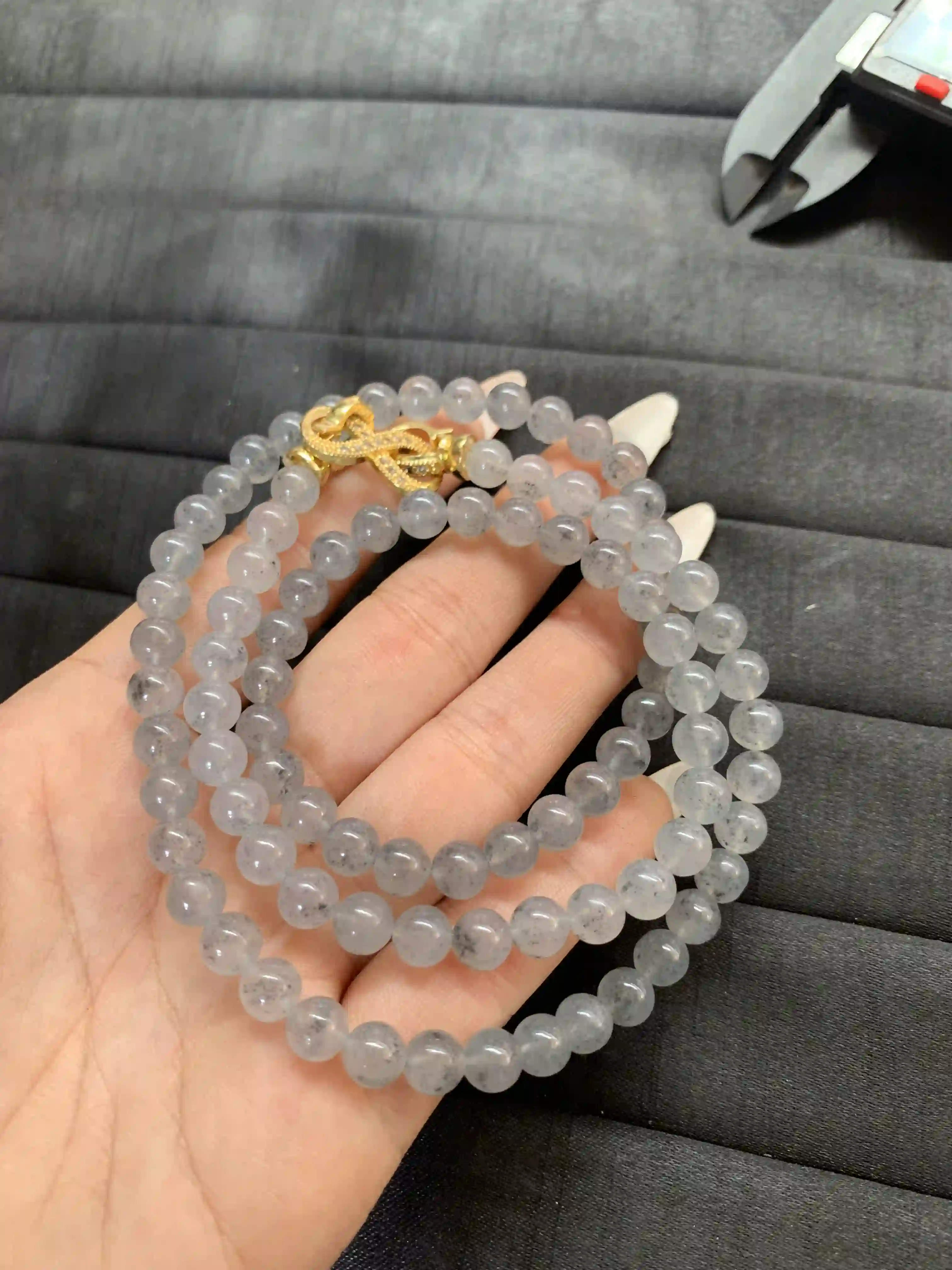 Grey Quartz Beaded Multi-layer Bracelet with Gold Accent, view 2 | Myanmar Jadeite reference #1560001