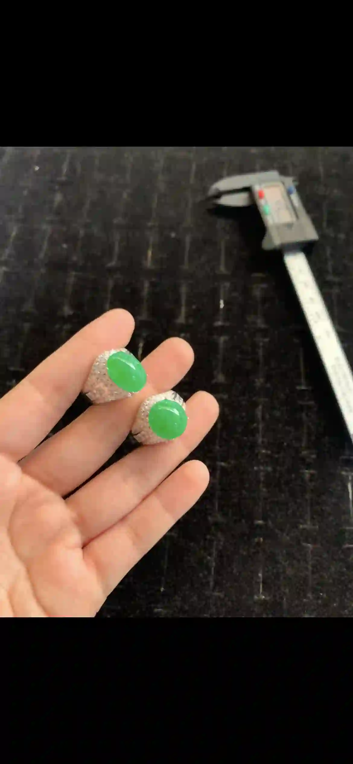 Pair of Vivid Emerald Green Jadeite Cabochon Rings with Diamond Pave Settings | Myanmar Jadeite reference #20280001