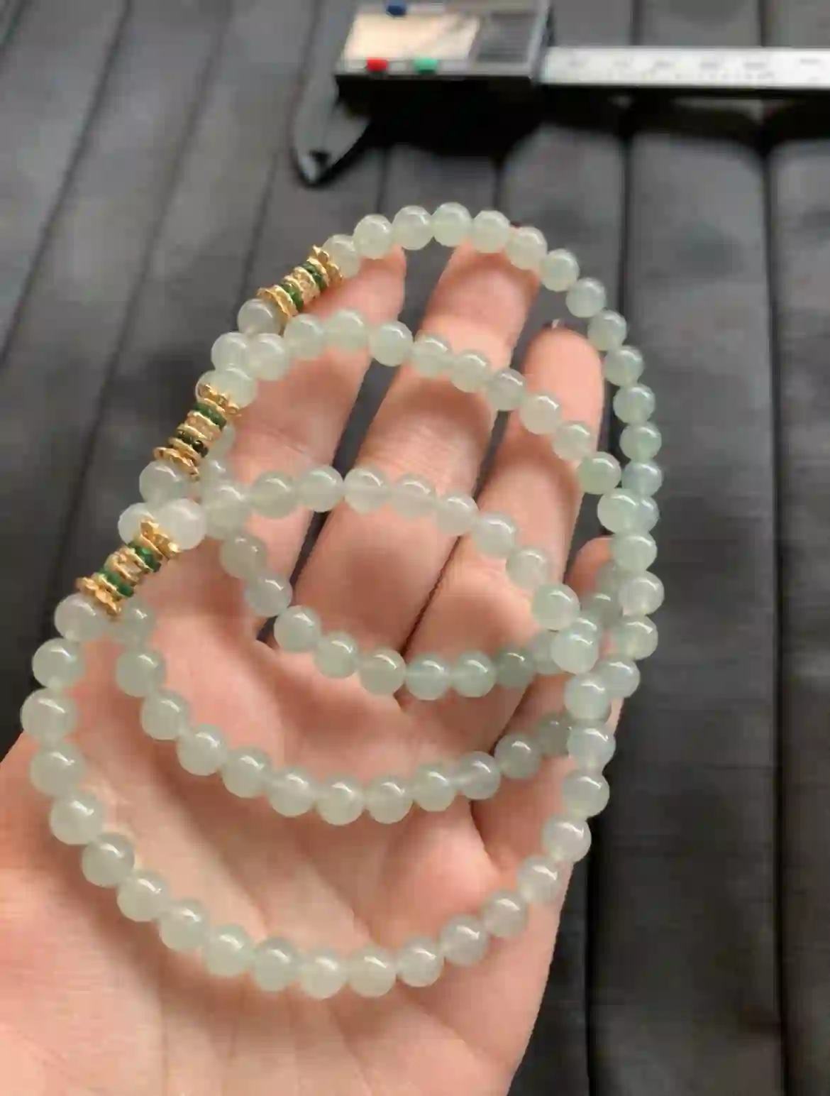   Icy Translucent Green Jade Beaded Necklace with Gold Spacers, view 2 | Myanmar Jadeite reference #2880009