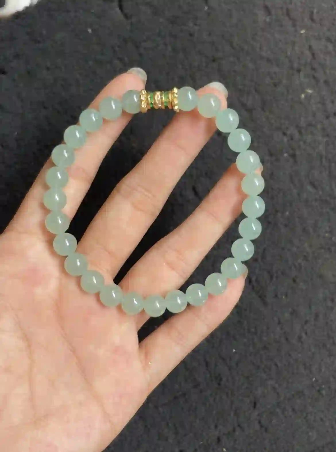 Icy Pale Green Translucent Jadeite Beaded Bracelet with Gold Plated Gemstone Accent, view 2 | Myanmar Jadeite reference #3780001