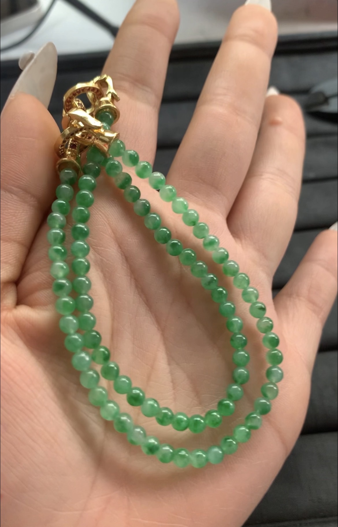 Rich Green Jade Bead Bracelets with Embellished Gold-Toned Clasps - Burmese Jadeite from Myanmar