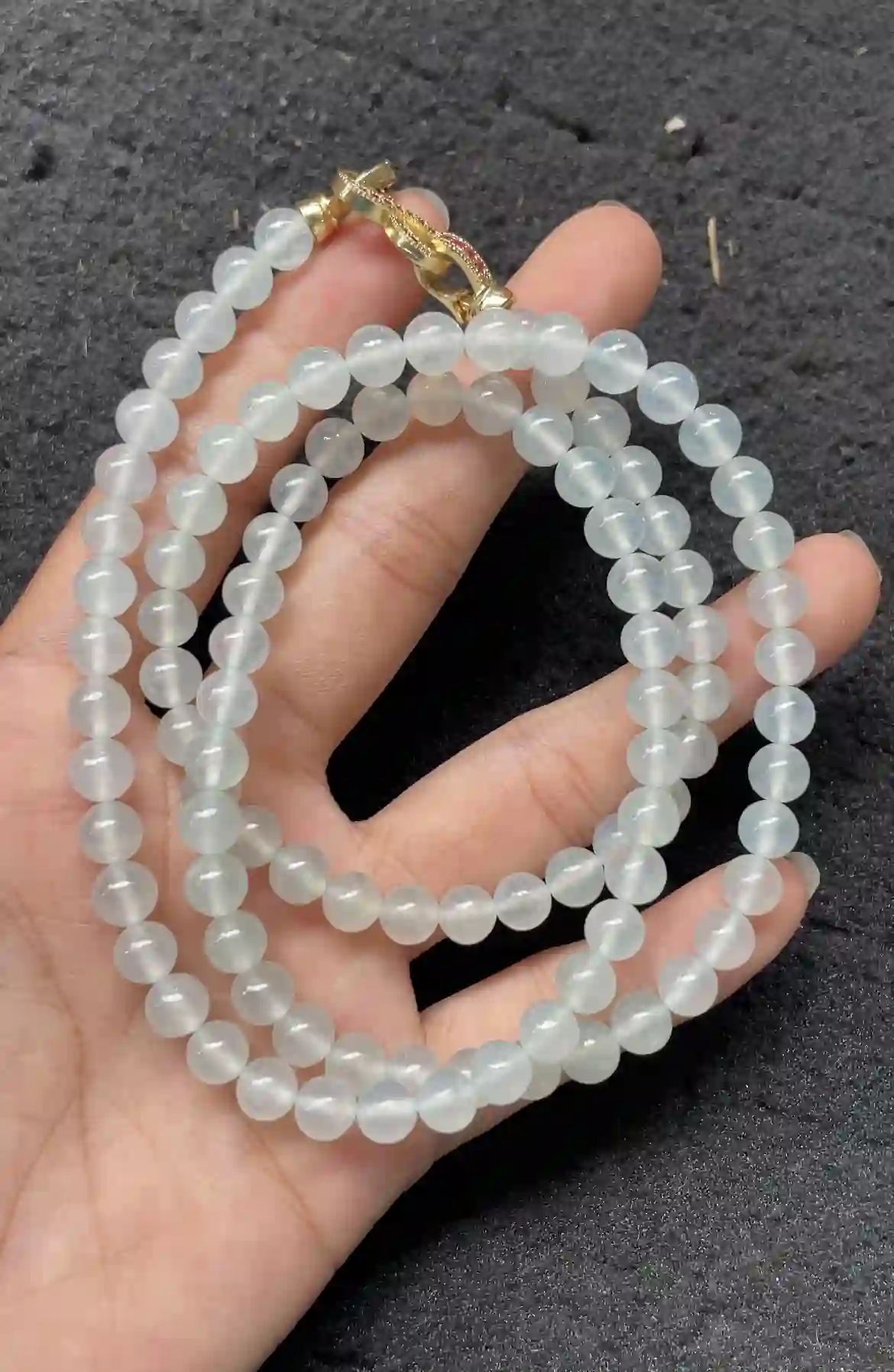   Natural Icy Green Jade Bead Necklace with Gold and Ruby Accents | Myanmar Jadeite reference #2550002