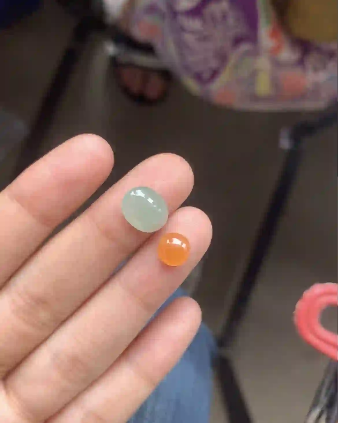  Icy Pale Green & Warm Orange Jadeite Cabochons – Pair of Loose Gemstones | Myanmar Jadeite reference #3510001