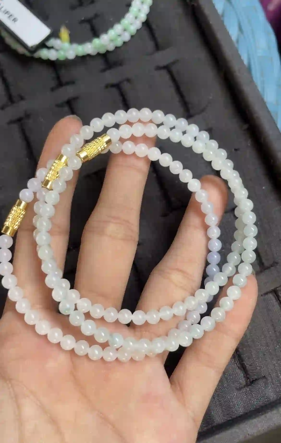   Natural Icy White Jade Bead Necklace with Gold Accents, view 2 | Myanmar Jadeite reference #2520005