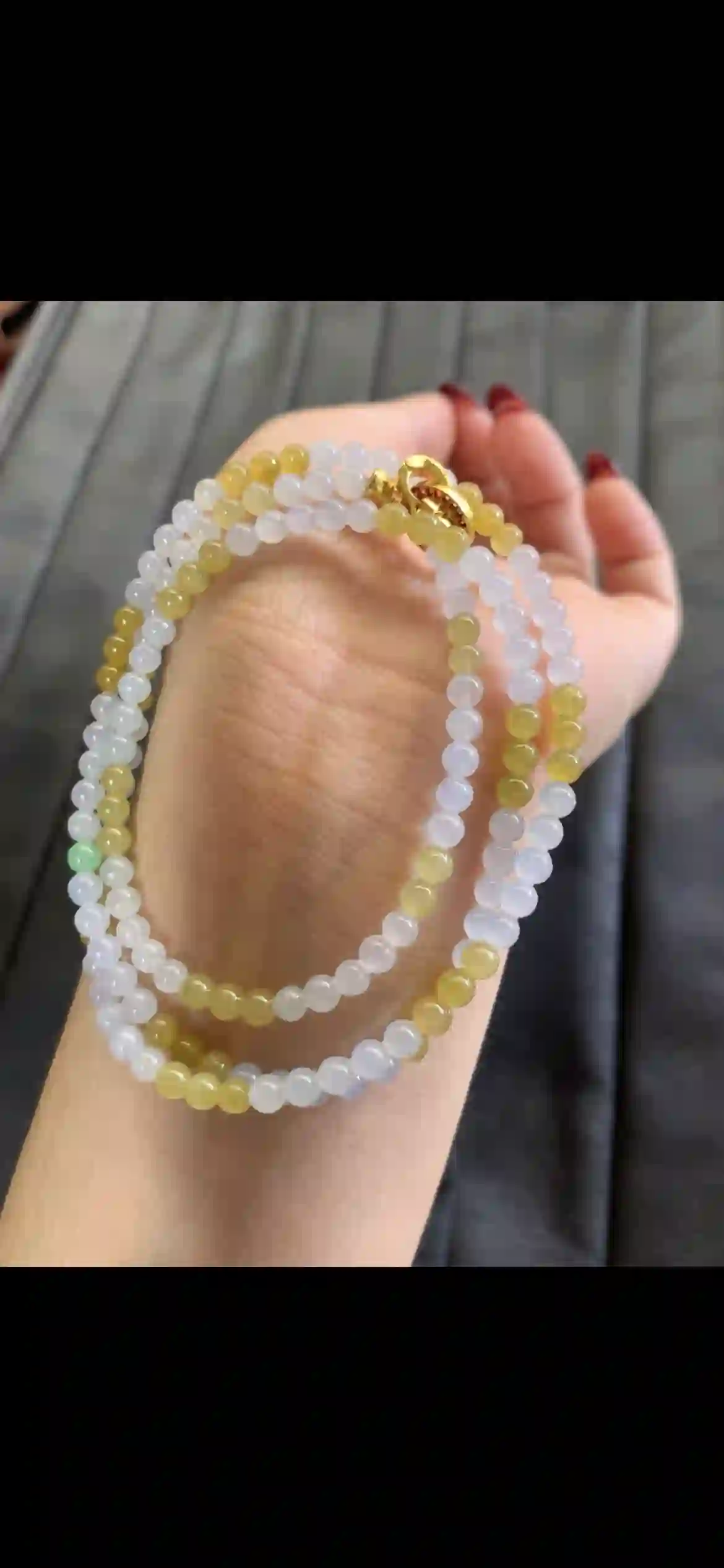 Icy White & Honey Yellow Gradient Jadeite Multi-Layer Bracelet with Gold Plated Clasp | Myanmar Jadeite reference #4080001