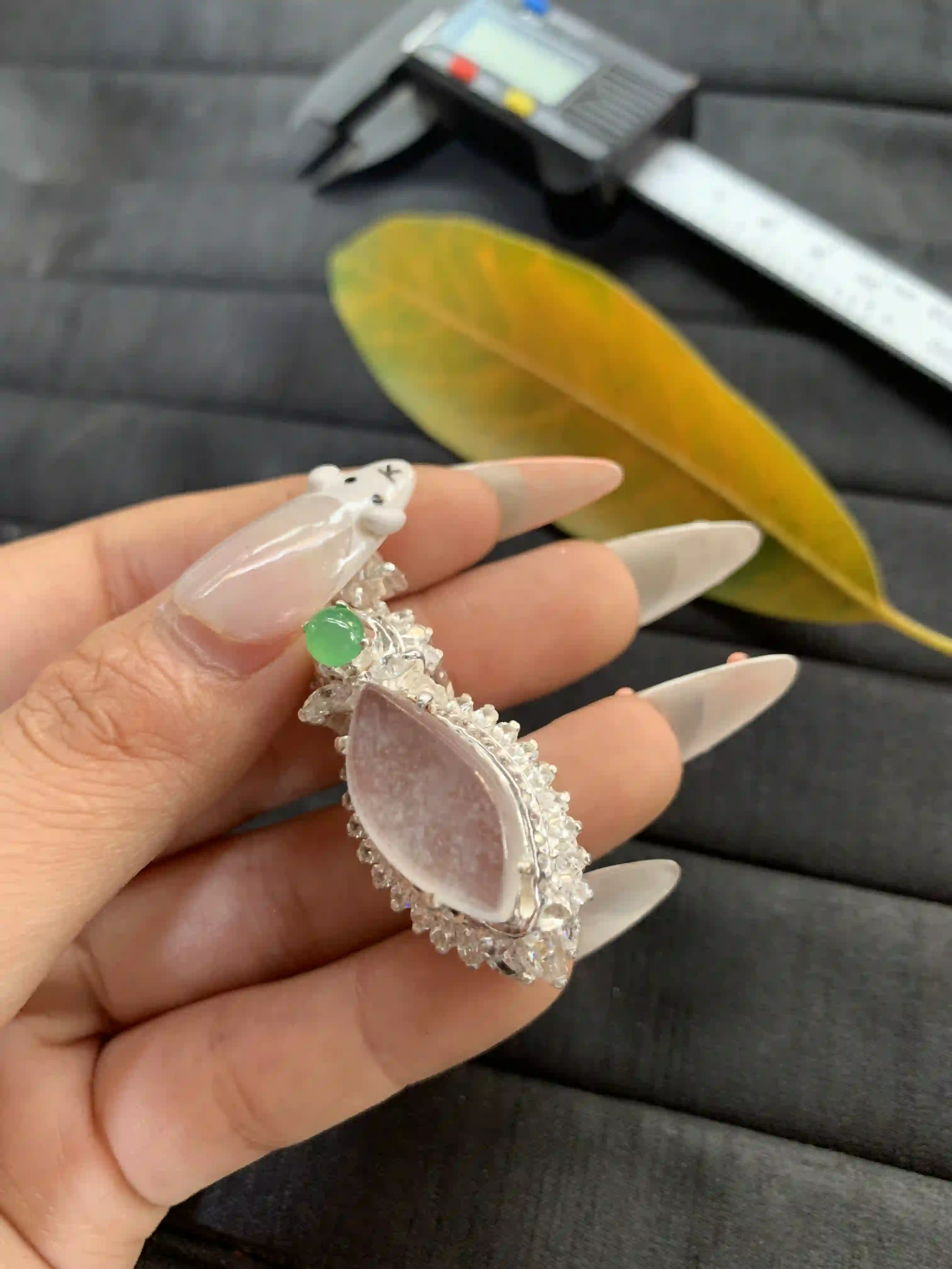 Marquise-Shaped Lavender Jadeite Ring with Green Accent and Clear Stone Border | Myanmar Jadeite reference #1410005
