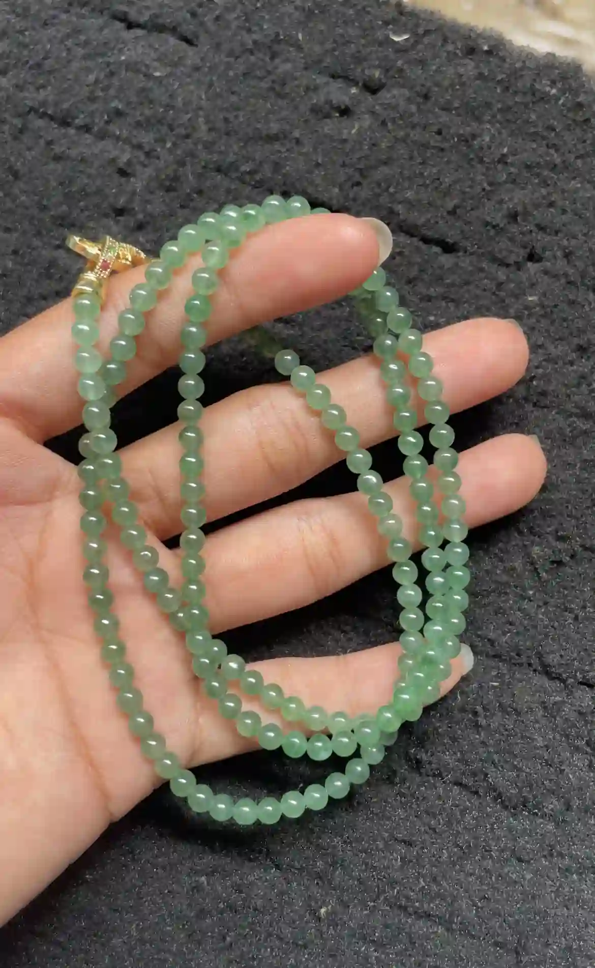 Translucent Green Jade Beaded Necklace with Gold Clasp, view 2 | Myanmar Jadeite reference #2880002