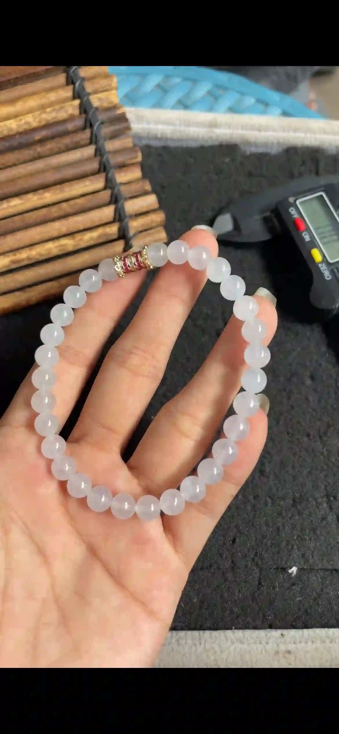 Icy Translucent White Jade Bead Bracelet with Gold & Pink Crystal Spacer, view 2 | Myanmar Jadeite reference #5610001