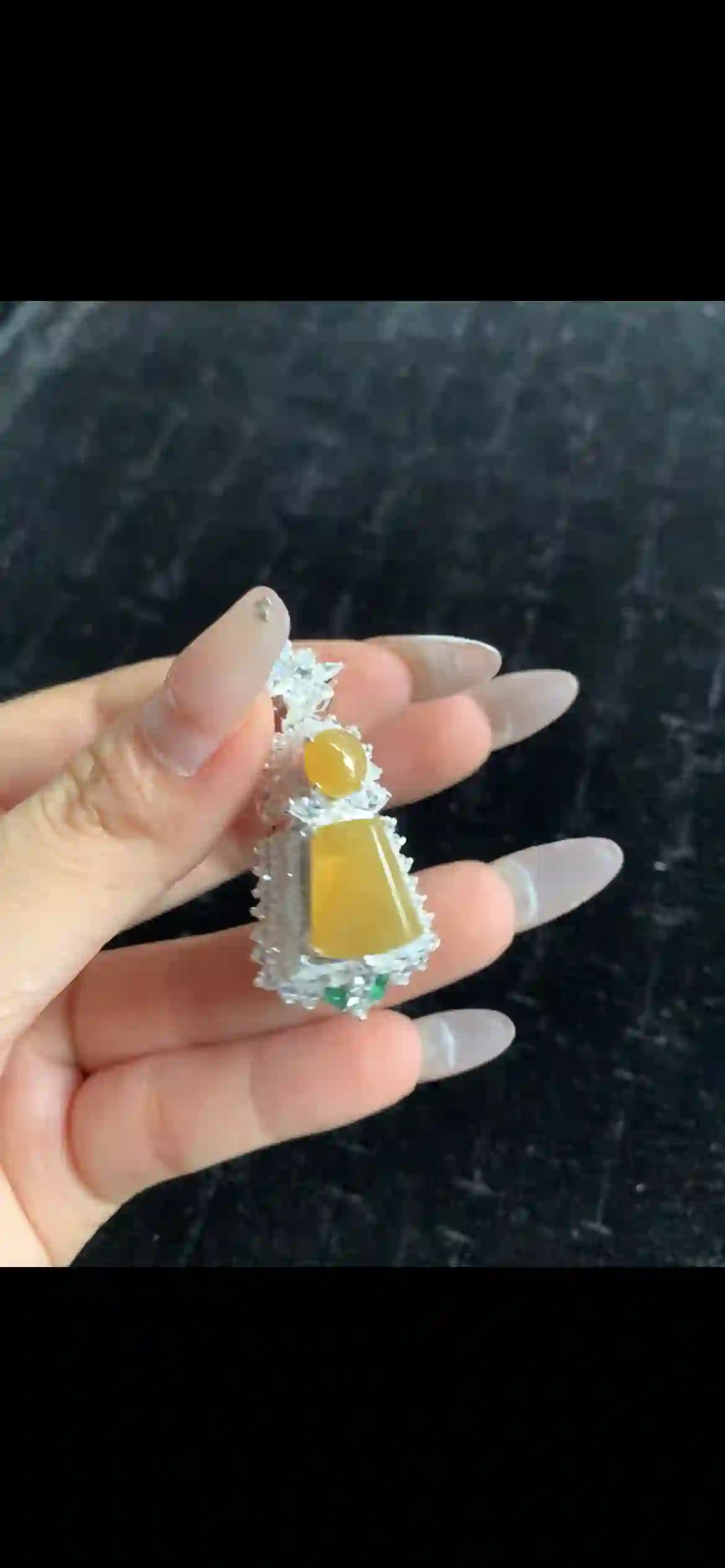 Golden Honey Jade Pendant with Diamond Halo & Emerald Accent | Myanmar Jadeite reference #32640001