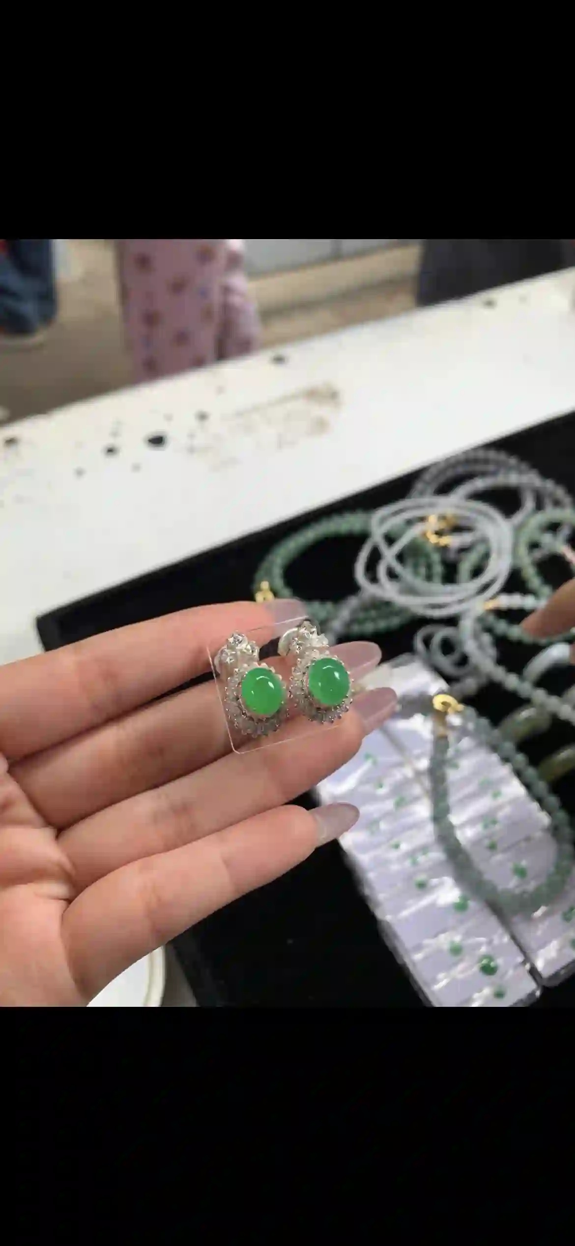 Vivid Green Jadeite Cabochon Stud Earrings, view 2 | Myanmar Jadeite reference #12180001