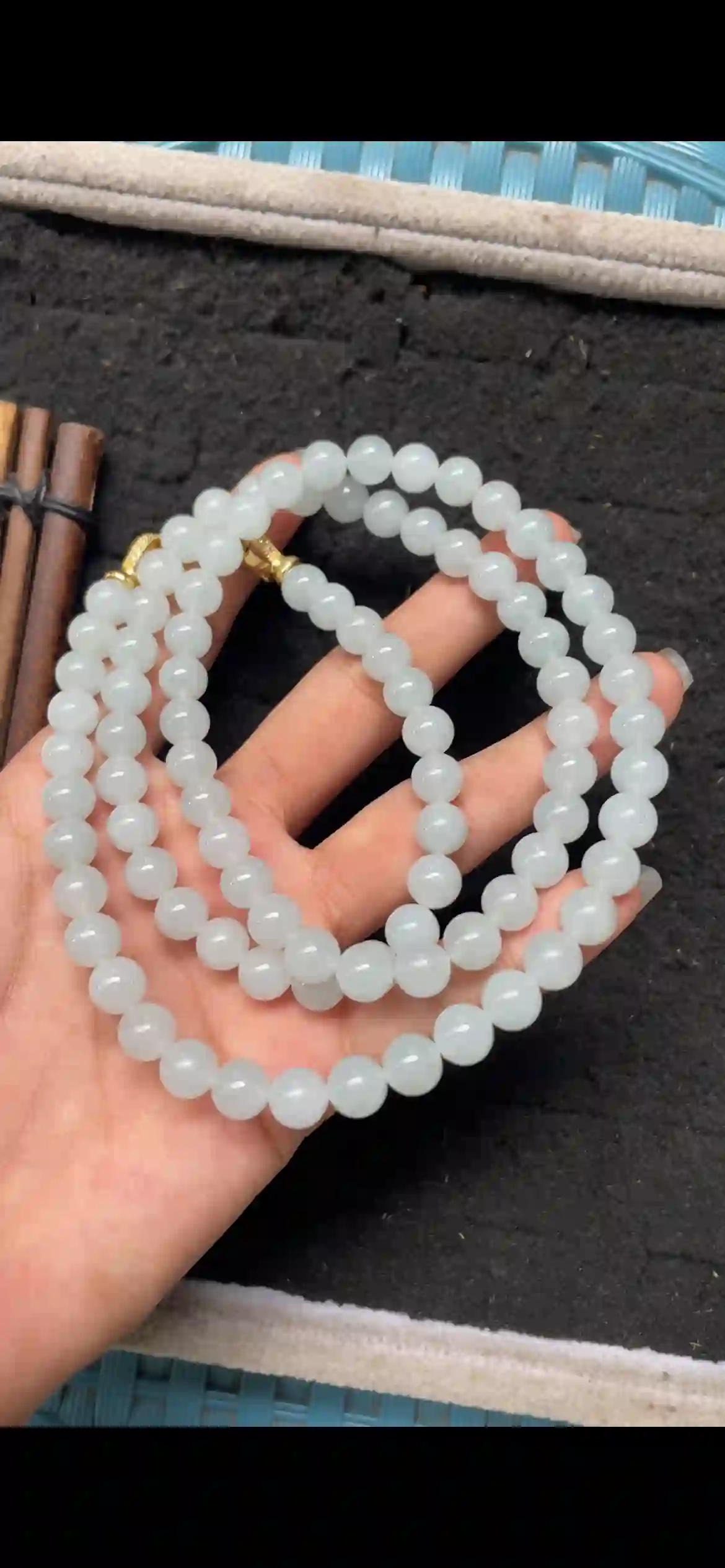 Icy Translucent Pale White Jade Bead Necklace, Fine Round Beaded Chain with Gold Clasp, view 2 | Myanmar Jadeite reference #4920001