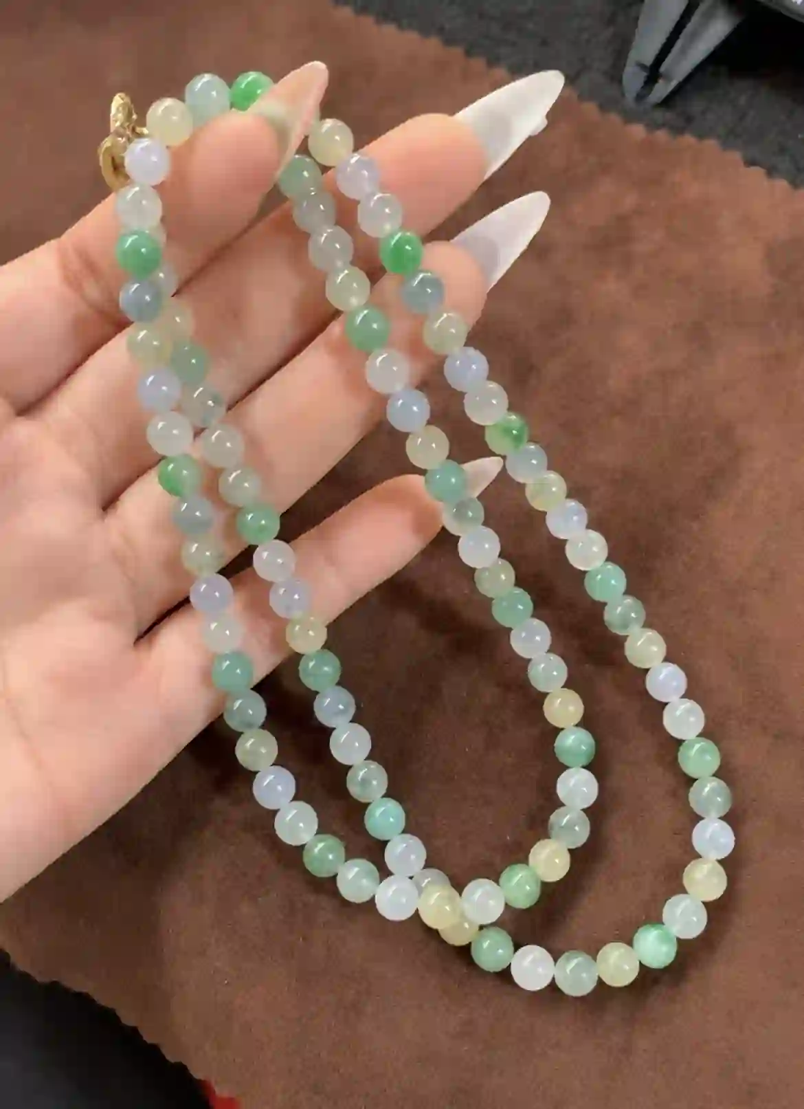 Multi-Strand Rainbow Jadeite Beaded Necklace with Gold-Toned Clasp, view 2 | Myanmar Jadeite reference #1020001